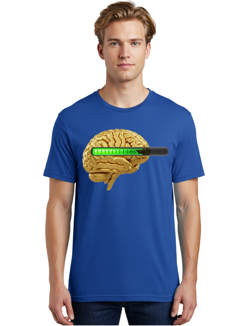 Brain-Battery Men'S Graphic Tee, 100% Cotton, Comfortable Casual Summer Wear, Machine Washable, Human Brain, Charging Battery, Digital Illustration, Green Battery Bar, Cognitive Enhancement, Brain Power, Neuroscience, Futuristic Concept, Baa204