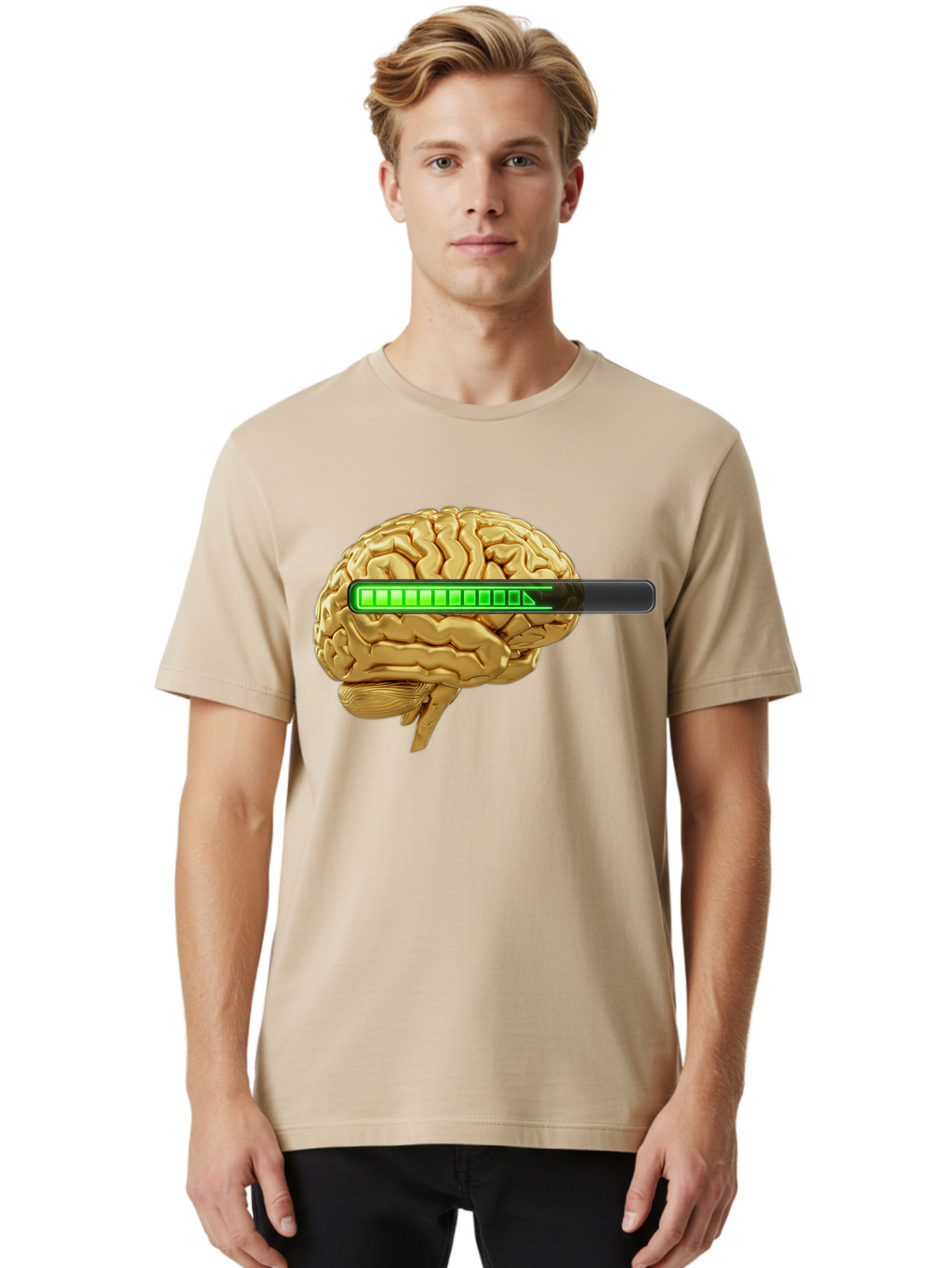 Brain-Battery Men'S Graphic Tee, 100% Cotton, Comfortable Casual Summer Wear, Machine Washable, Human Brain, Charging Battery, Digital Illustration, Green Battery Bar, Cognitive Enhancement, Brain Power, Neuroscience, Futuristic Concept, Baa204