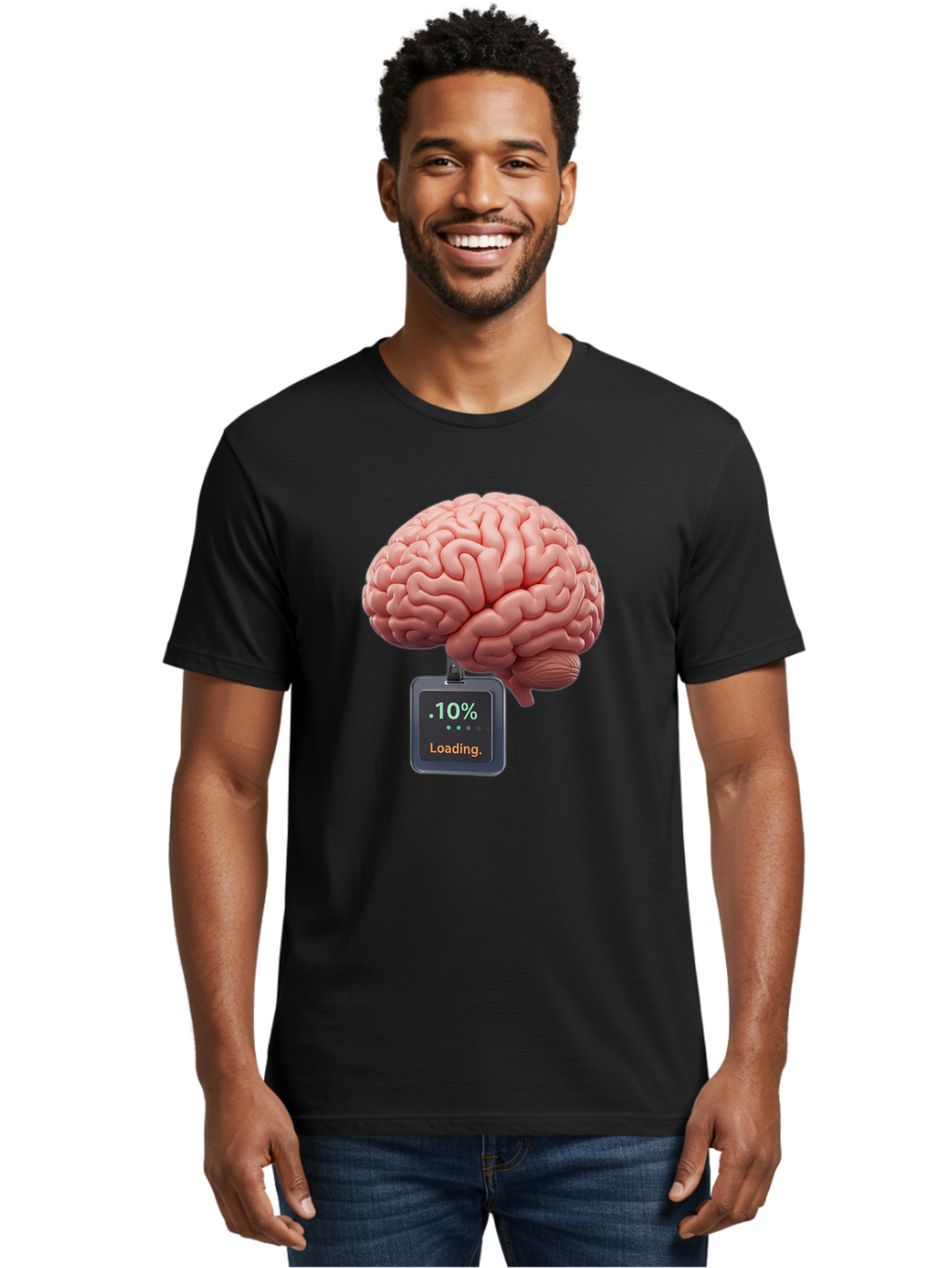 Brain-Charging Men'S Graphic Tee, 100% Cotton, Comfortable Casual Summer Wear, Machine Washable, Human Brain, Digital Loading, 10 Percent, Cognitive Function, Mental Processing, Progress Bar, Brain Power, Neural Activity Baa206