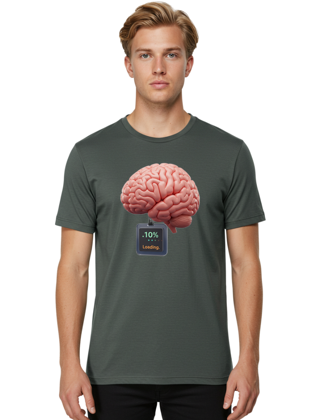 Brain-Charging Men'S Graphic Tee, 100% Cotton, Comfortable Casual Summer Wear, Machine Washable, Human Brain, Digital Loading, 10 Percent, Cognitive Function, Mental Processing, Progress Bar, Brain Power, Neural Activity Baa206