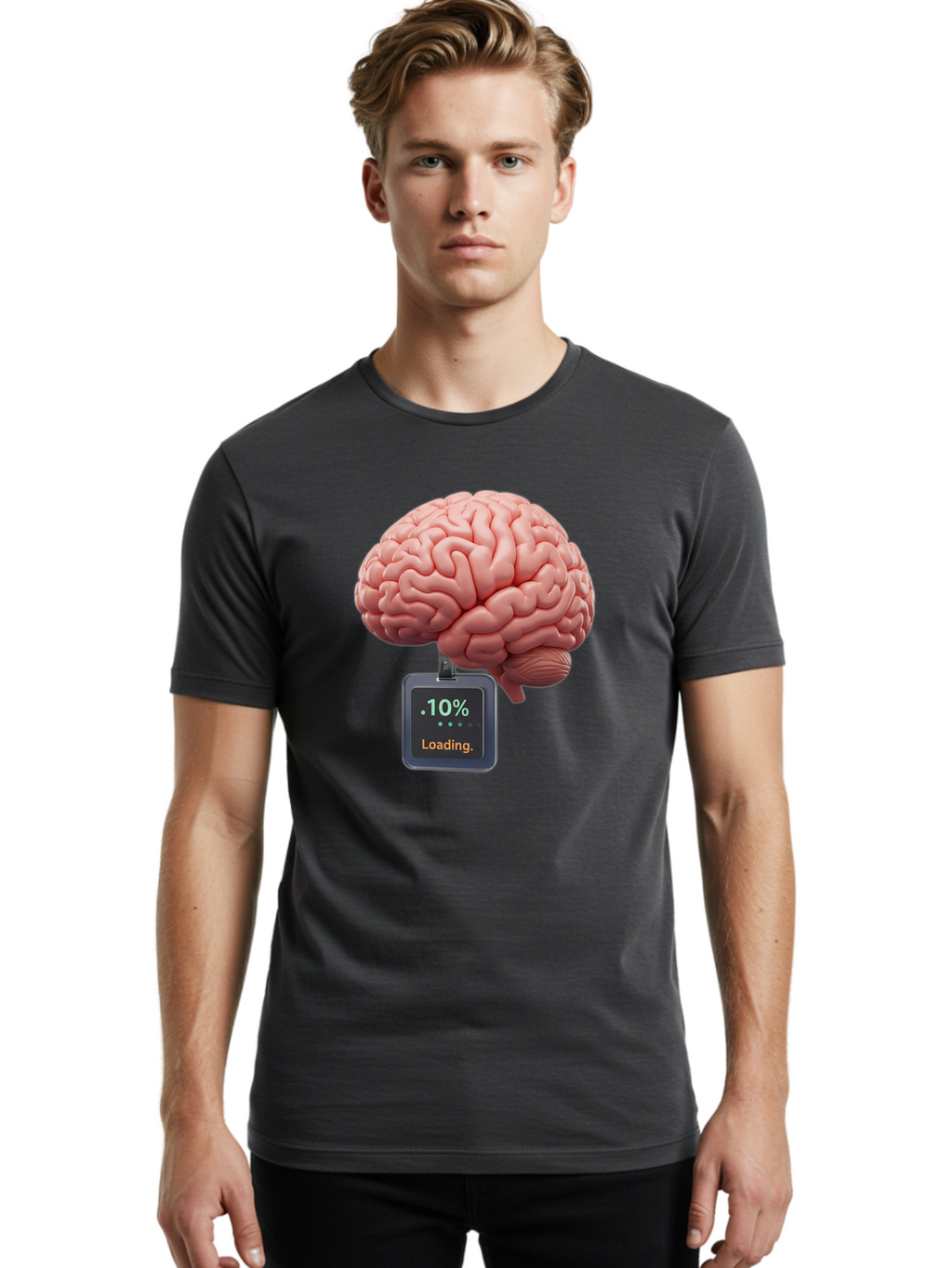 Brain-Charging Men'S Graphic Tee, 100% Cotton, Comfortable Casual Summer Wear, Machine Washable, Human Brain, Digital Loading, 10 Percent, Cognitive Function, Mental Processing, Progress Bar, Brain Power, Neural Activity Baa206