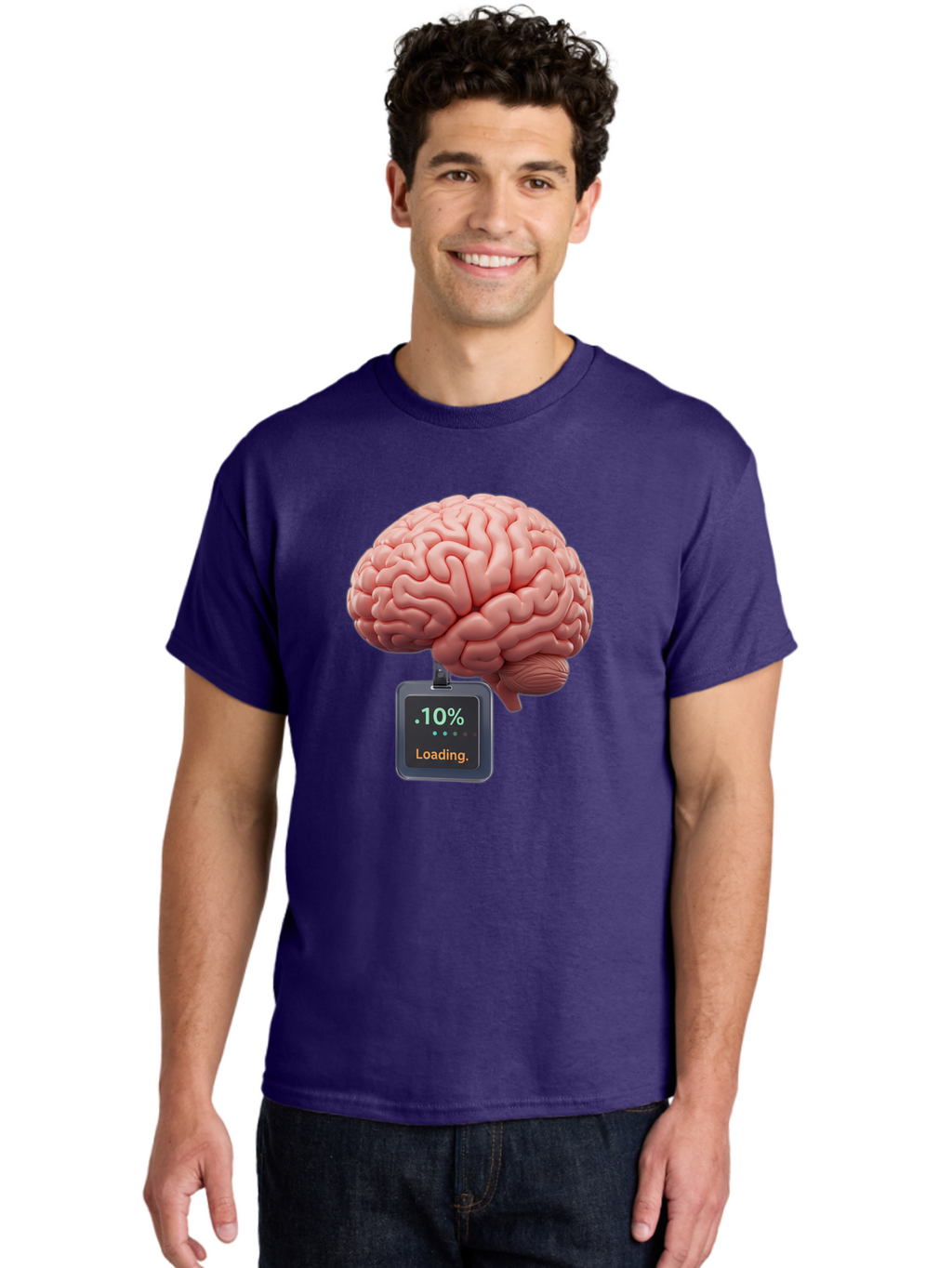 Brain-Charging Men'S Graphic Tee, 100% Cotton, Comfortable Casual Summer Wear, Machine Washable, Human Brain, Digital Loading, 10 Percent, Cognitive Function, Mental Processing, Progress Bar, Brain Power, Neural Activity Baa206