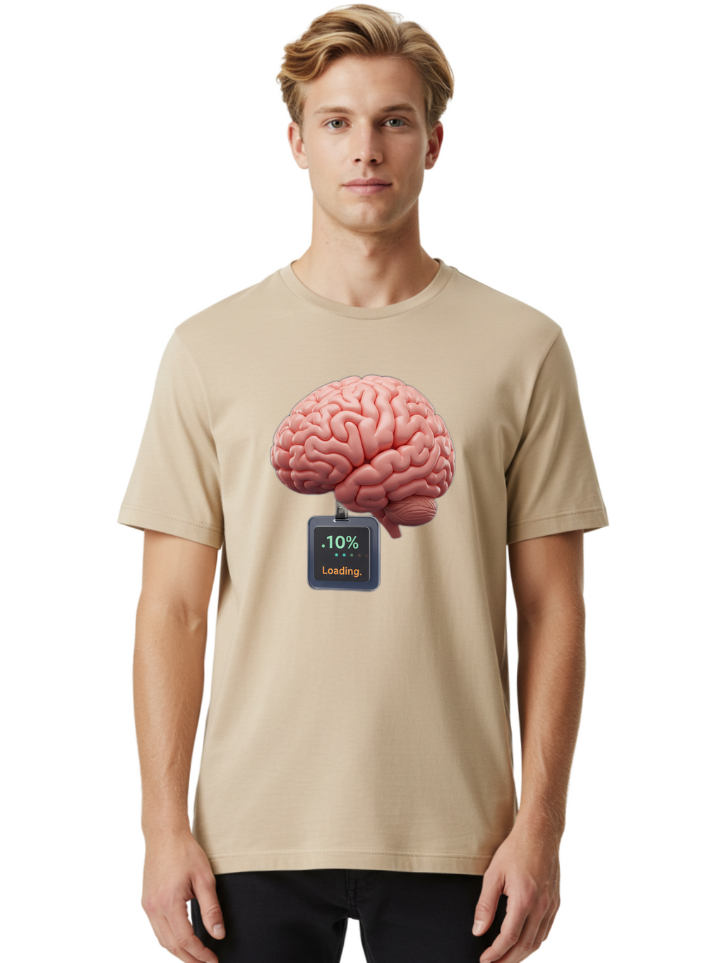 Brain-Charging Men'S Graphic Tee, 100% Cotton, Comfortable Casual Summer Wear, Machine Washable, Human Brain, Digital Loading, 10 Percent, Cognitive Function, Mental Processing, Progress Bar, Brain Power, Neural Activity Baa206