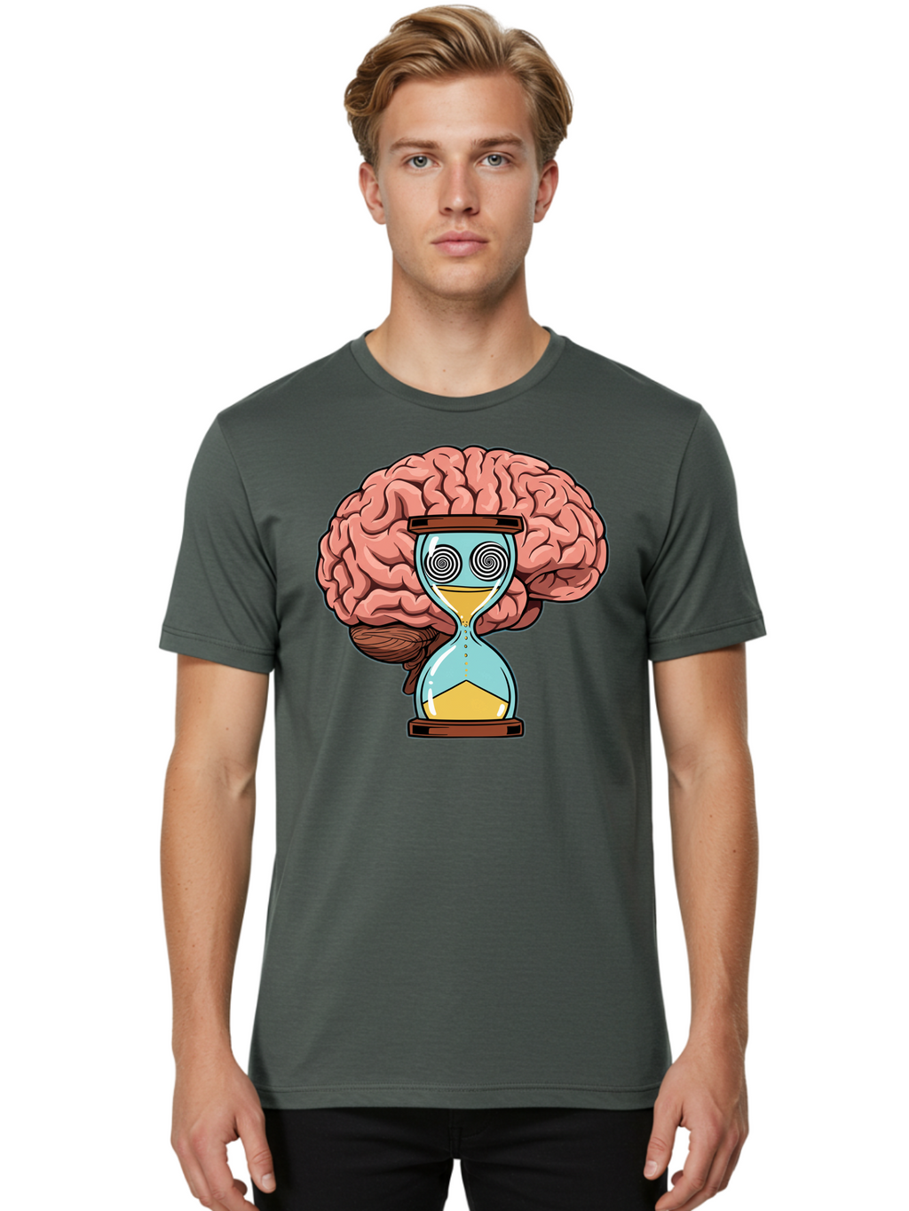 Brain-Hourglass Men'S Graphic Tee, 100% Cotton, Comfortable Casual Summer Wear, Machine Washable, Hourglass With Brain, Time Management, Productivity, Cognitive Function, Mental Clarity, Spiral Eyes, Sand Timer, Creative Thinking Baa208