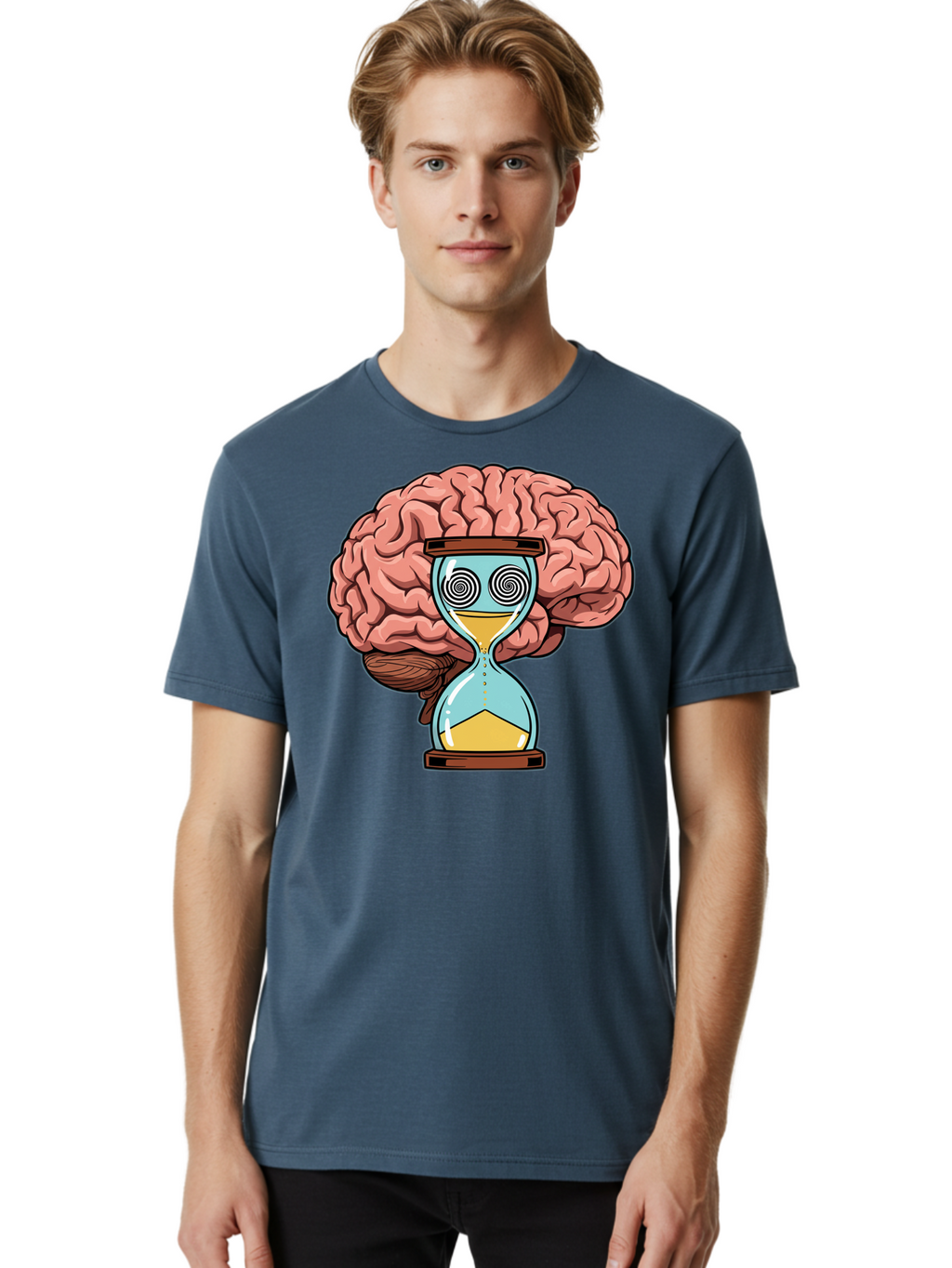 Brain-Hourglass Men'S Graphic Tee, 100% Cotton, Comfortable Casual Summer Wear, Machine Washable, Hourglass With Brain, Time Management, Productivity, Cognitive Function, Mental Clarity, Spiral Eyes, Sand Timer, Creative Thinking Baa208
