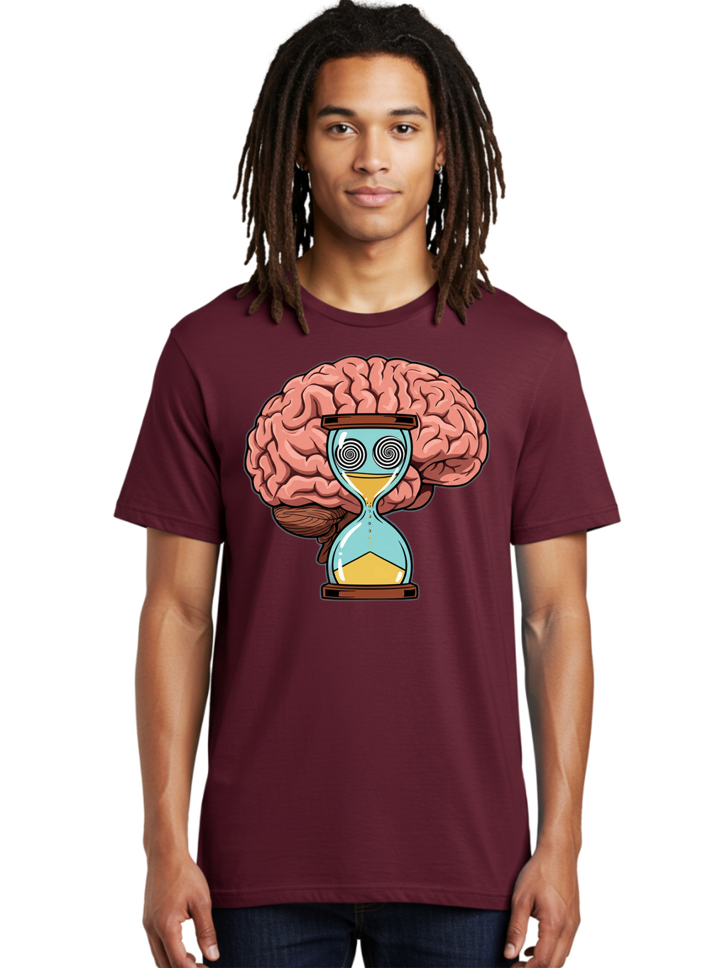 Brain-Hourglass Men'S Graphic Tee, 100% Cotton, Comfortable Casual Summer Wear, Machine Washable, Hourglass With Brain, Time Management, Productivity, Cognitive Function, Mental Clarity, Spiral Eyes, Sand Timer, Creative Thinking Baa208