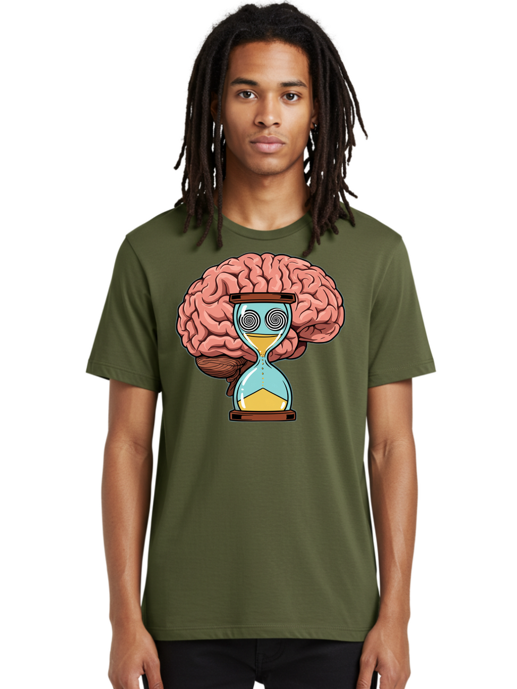 Brain-Hourglass Men'S Graphic Tee, 100% Cotton, Comfortable Casual Summer Wear, Machine Washable, Hourglass With Brain, Time Management, Productivity, Cognitive Function, Mental Clarity, Spiral Eyes, Sand Timer, Creative Thinking Baa208