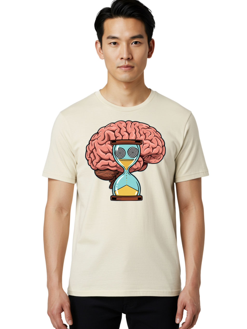 Brain-Hourglass Men'S Graphic Tee, 100% Cotton, Comfortable Casual Summer Wear, Machine Washable, Hourglass With Brain, Time Management, Productivity, Cognitive Function, Mental Clarity, Spiral Eyes, Sand Timer, Creative Thinking Baa208