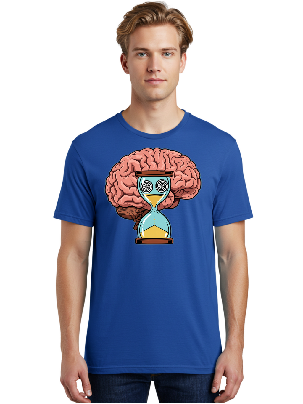 Brain-Hourglass Men'S Graphic Tee, 100% Cotton, Comfortable Casual Summer Wear, Machine Washable, Hourglass With Brain, Time Management, Productivity, Cognitive Function, Mental Clarity, Spiral Eyes, Sand Timer, Creative Thinking Baa208