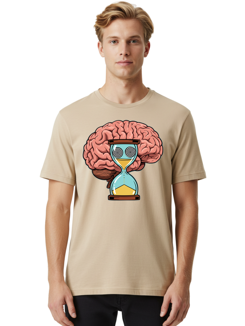 Brain-Hourglass Men'S Graphic Tee, 100% Cotton, Comfortable Casual Summer Wear, Machine Washable, Hourglass With Brain, Time Management, Productivity, Cognitive Function, Mental Clarity, Spiral Eyes, Sand Timer, Creative Thinking Baa208
