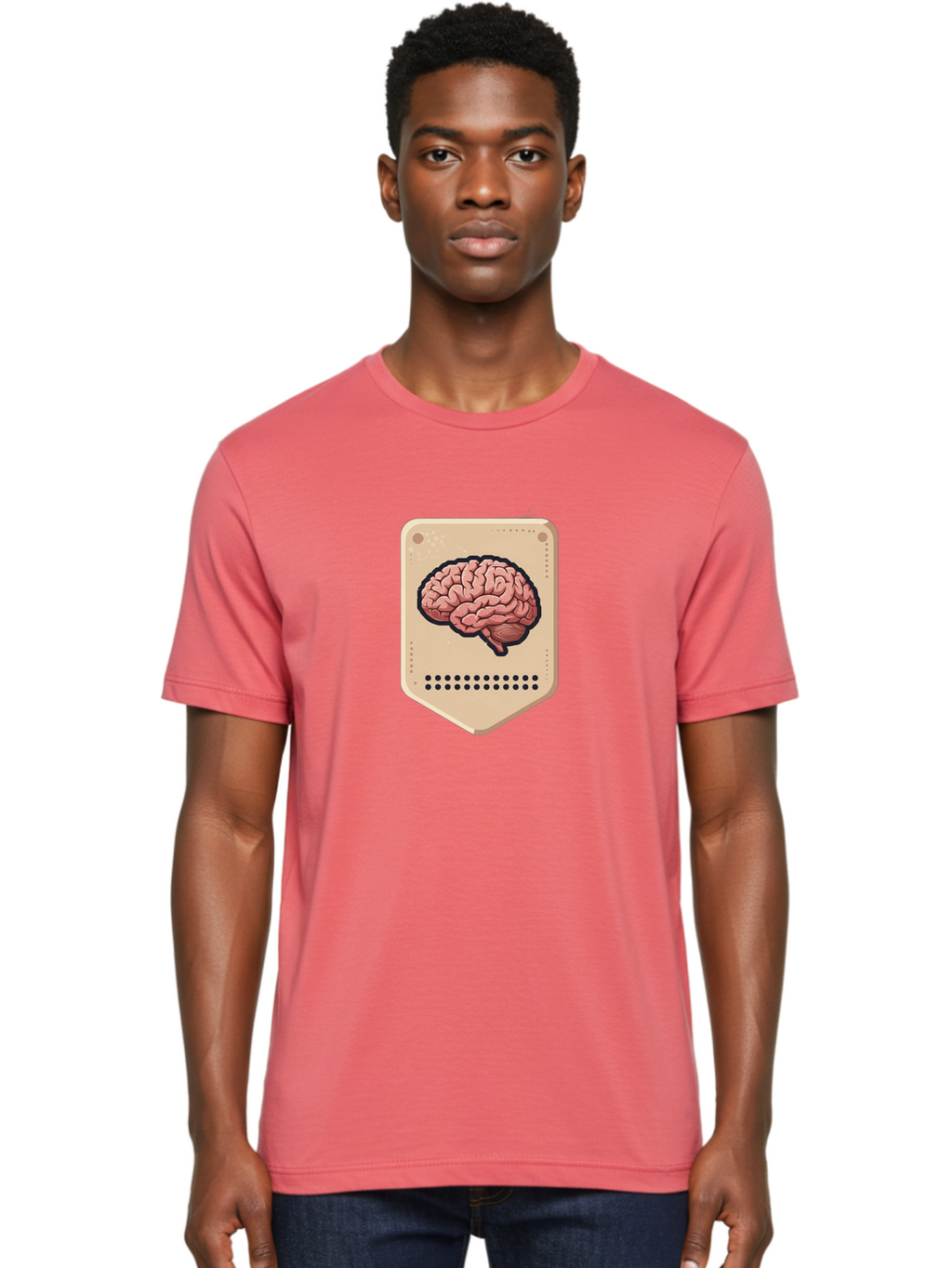 Brain-Icon-1 Men'S Graphic Tee, 100% Cotton, Comfortable Casual Summer Wear, Machine Washable, Human Brain Illustration, Pinkish-Red Brain, Black Outline, Beige Background, Perforated Edge, Small Holes, Brain Anatomy, Cognitive Function, Baa209