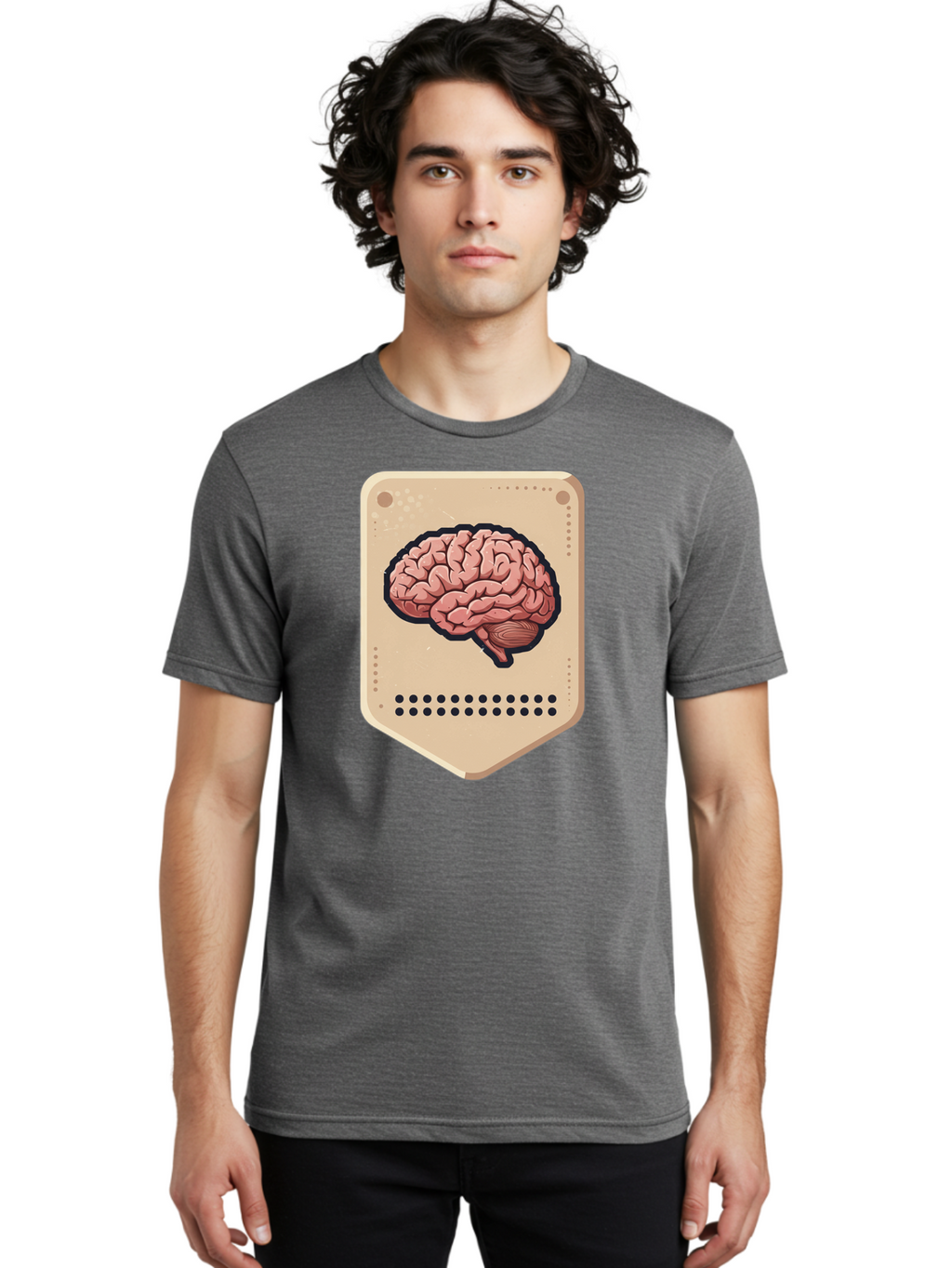 Brain-Icon-1 Men'S Graphic Tee, 100% Cotton, Comfortable Casual Summer Wear, Machine Washable, Human Brain Illustration, Pinkish-Red Brain, Black Outline, Beige Background, Perforated Edge, Small Holes, Brain Anatomy, Cognitive Function, Baa209