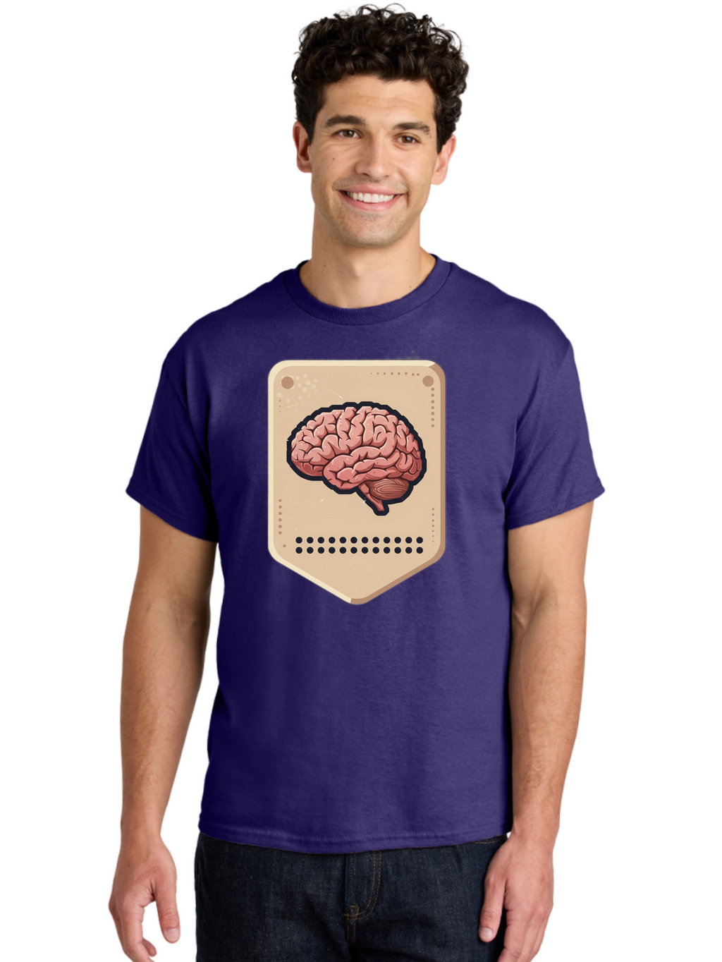 Brain-Icon-1 Men'S Graphic Tee, 100% Cotton, Comfortable Casual Summer Wear, Machine Washable, Human Brain Illustration, Pinkish-Red Brain, Black Outline, Beige Background, Perforated Edge, Small Holes, Brain Anatomy, Cognitive Function, Baa209