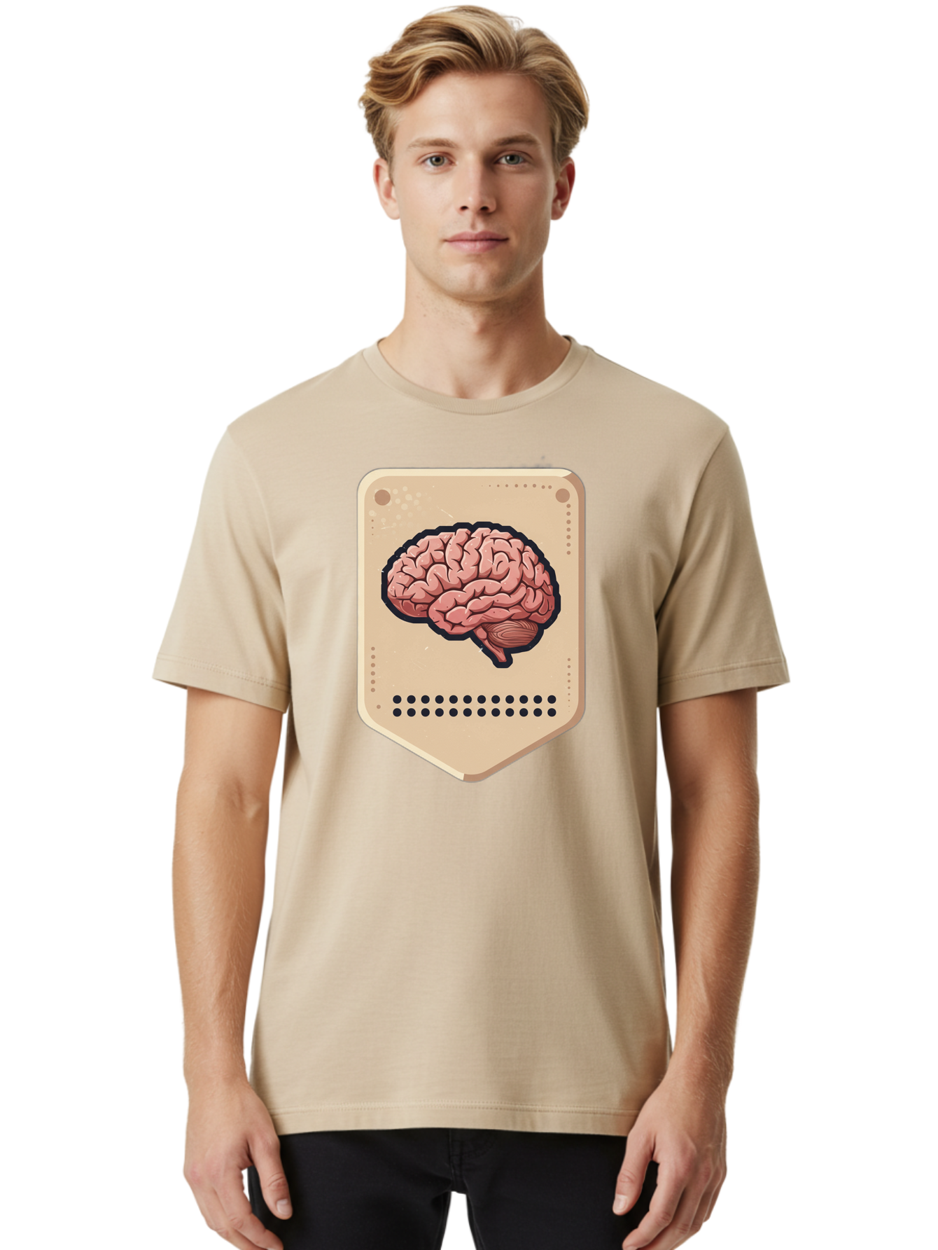 Brain-Icon-1 Men'S Graphic Tee, 100% Cotton, Comfortable Casual Summer Wear, Machine Washable, Human Brain Illustration, Pinkish-Red Brain, Black Outline, Beige Background, Perforated Edge, Small Holes, Brain Anatomy, Cognitive Function, Baa209