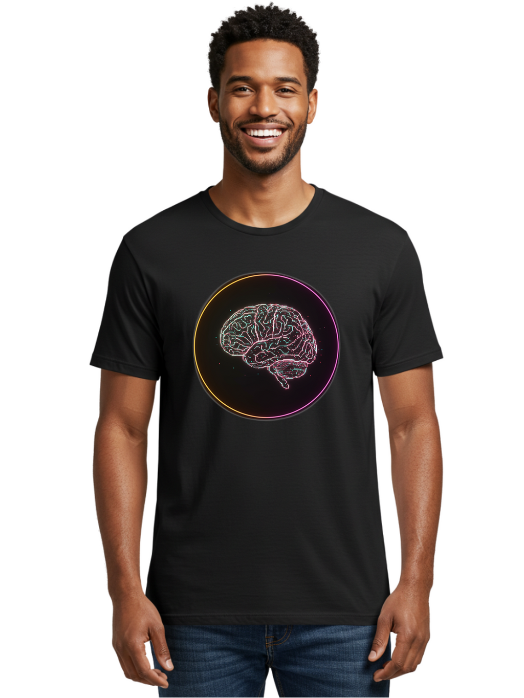 Brain-Illustration Men'S Graphic Tee, 100% Cotton, Comfortable Casual Summer Wear, Machine Washable, Human Brain, Neon Illustration, Futuristic Design, Glowing Lines, Abstract Art, Brain Function, Psychological Concept, Digital Artwork, Baa211