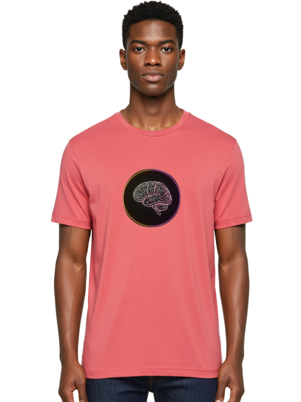 Brain-Illustration Men'S Graphic Tee, 100% Cotton, Comfortable Casual Summer Wear, Machine Washable, Human Brain, Neon Illustration, Futuristic Design, Glowing Lines, Abstract Art, Brain Function, Psychological Concept, Digital Artwork, Baa211