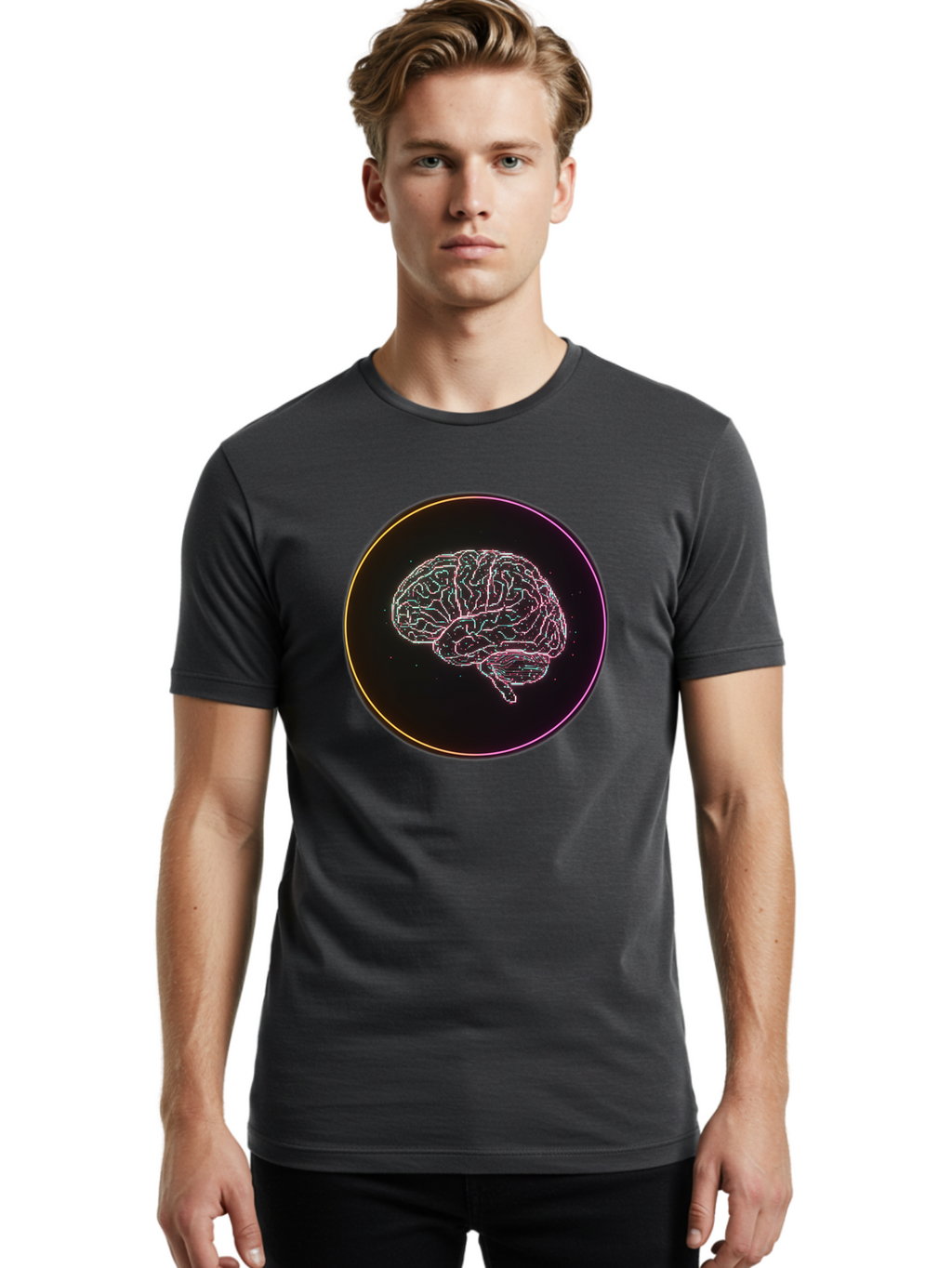 Brain-Illustration Men'S Graphic Tee, 100% Cotton, Comfortable Casual Summer Wear, Machine Washable, Human Brain, Neon Illustration, Futuristic Design, Glowing Lines, Abstract Art, Brain Function, Psychological Concept, Digital Artwork, Baa211