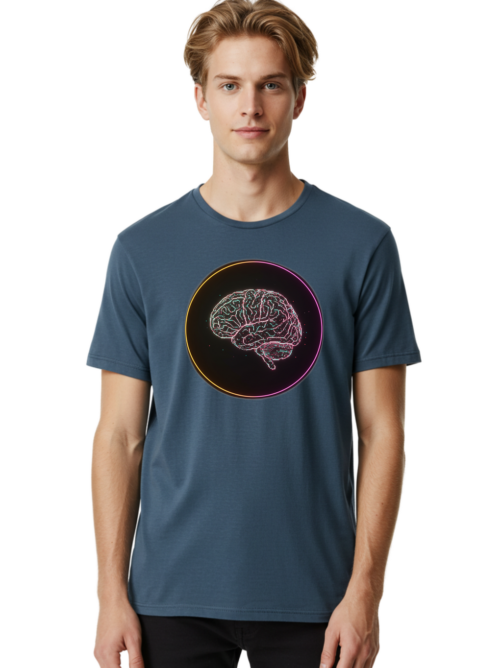 Brain-Illustration Men'S Graphic Tee, 100% Cotton, Comfortable Casual Summer Wear, Machine Washable, Human Brain, Neon Illustration, Futuristic Design, Glowing Lines, Abstract Art, Brain Function, Psychological Concept, Digital Artwork, Baa211