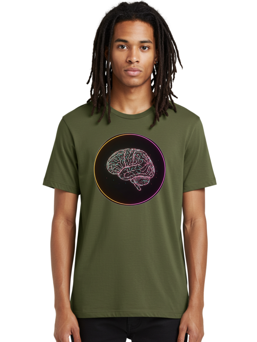 Brain-Illustration Men'S Graphic Tee, 100% Cotton, Comfortable Casual Summer Wear, Machine Washable, Human Brain, Neon Illustration, Futuristic Design, Glowing Lines, Abstract Art, Brain Function, Psychological Concept, Digital Artwork, Baa211