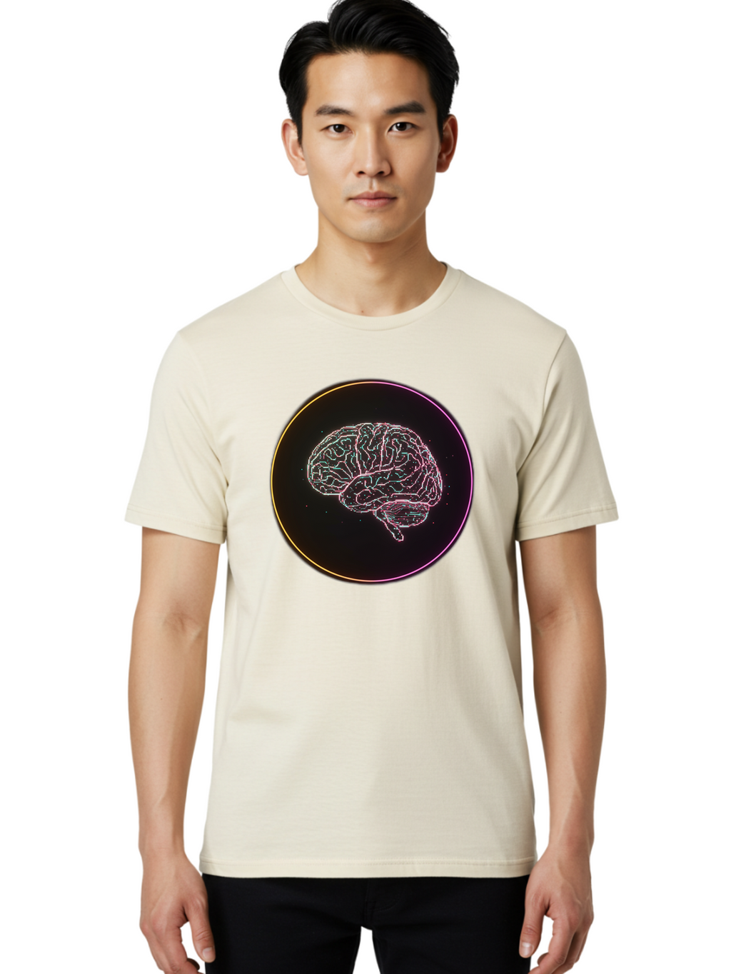 Brain-Illustration Men'S Graphic Tee, 100% Cotton, Comfortable Casual Summer Wear, Machine Washable, Human Brain, Neon Illustration, Futuristic Design, Glowing Lines, Abstract Art, Brain Function, Psychological Concept, Digital Artwork, Baa211