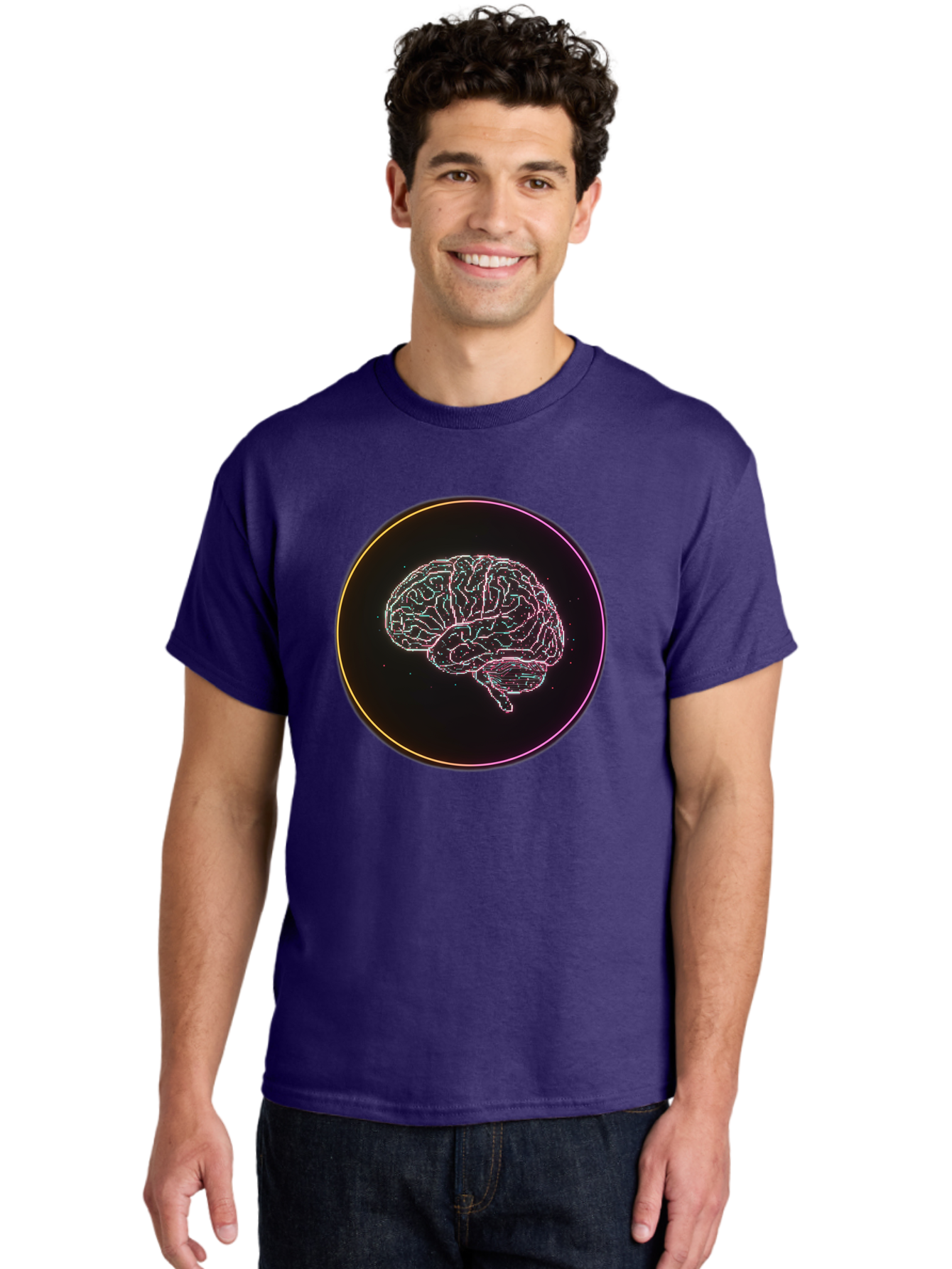 Brain-Illustration Men'S Graphic Tee, 100% Cotton, Comfortable Casual Summer Wear, Machine Washable, Human Brain, Neon Illustration, Futuristic Design, Glowing Lines, Abstract Art, Brain Function, Psychological Concept, Digital Artwork, Baa211