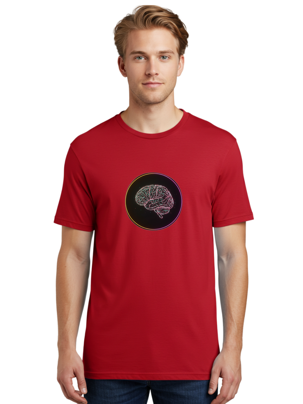 Brain-Illustration Men'S Graphic Tee, 100% Cotton, Comfortable Casual Summer Wear, Machine Washable, Human Brain, Neon Illustration, Futuristic Design, Glowing Lines, Abstract Art, Brain Function, Psychological Concept, Digital Artwork, Baa211