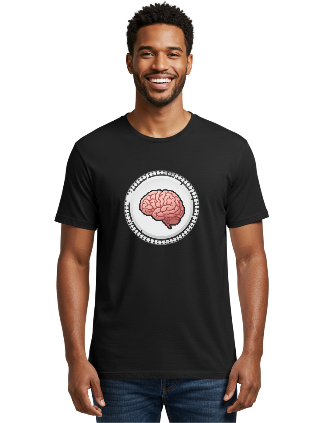 Brain-Puzzle-Piece Men'S Graphic Tee, 100% Cotton, Comfortable Casual Summer Wear, Machine Washable, Human Brain Illustration, Digital Art, Cognitive Function, Neuroscience, Puzzle Piece, Pink And White Colors, Black Outline Baa212