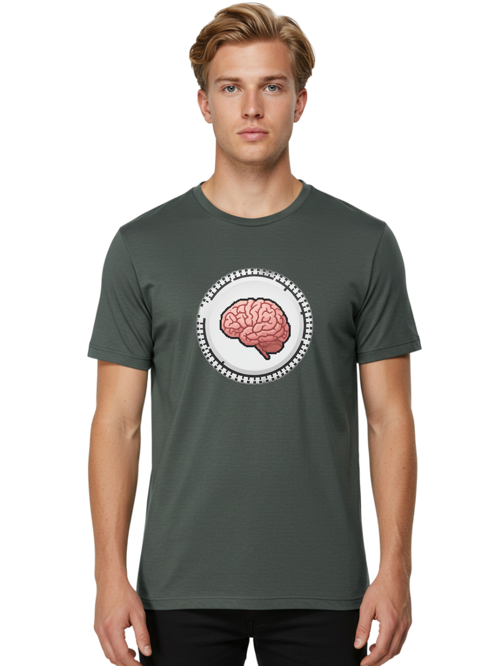 Brain-Puzzle-Piece Men'S Graphic Tee, 100% Cotton, Comfortable Casual Summer Wear, Machine Washable, Human Brain Illustration, Digital Art, Cognitive Function, Neuroscience, Puzzle Piece, Pink And White Colors, Black Outline Baa212