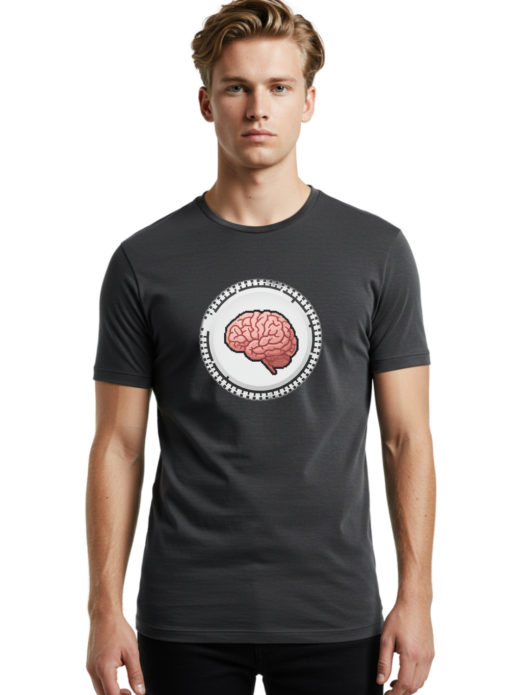 Brain-Puzzle-Piece Men'S Graphic Tee, 100% Cotton, Comfortable Casual Summer Wear, Machine Washable, Human Brain Illustration, Digital Art, Cognitive Function, Neuroscience, Puzzle Piece, Pink And White Colors, Black Outline Baa212