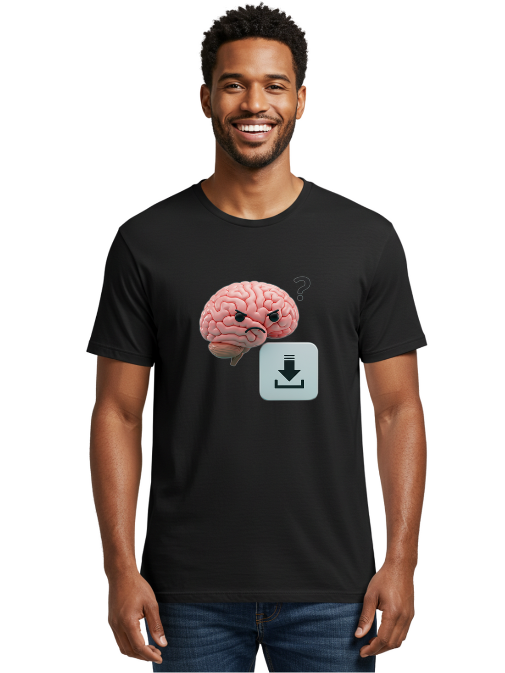 Brain-With-Download-Icon Men'S Graphic Tee, 100% Cotton, Comfortable Casual Summer Wear, Machine Washable, Brain With A Frowning Face, Question Mark, Download Icon, Cognitive Function, Mental Processing, Knowledge Transfer, Digital Brain, Baa213