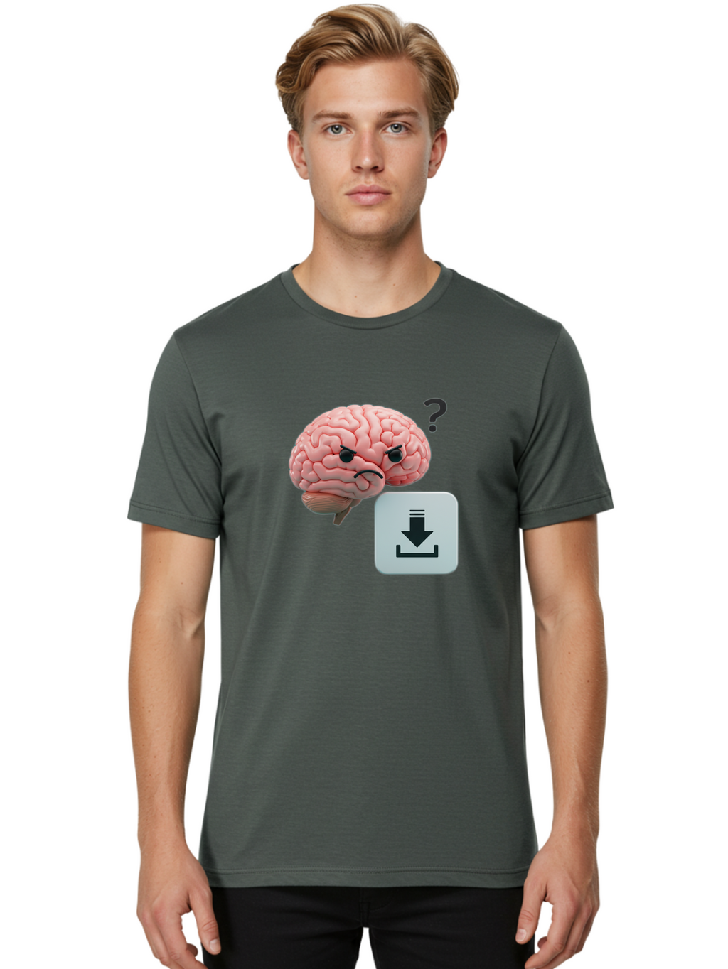 Brain-With-Download-Icon Men'S Graphic Tee, 100% Cotton, Comfortable Casual Summer Wear, Machine Washable, Brain With A Frowning Face, Question Mark, Download Icon, Cognitive Function, Mental Processing, Knowledge Transfer, Digital Brain, Baa213