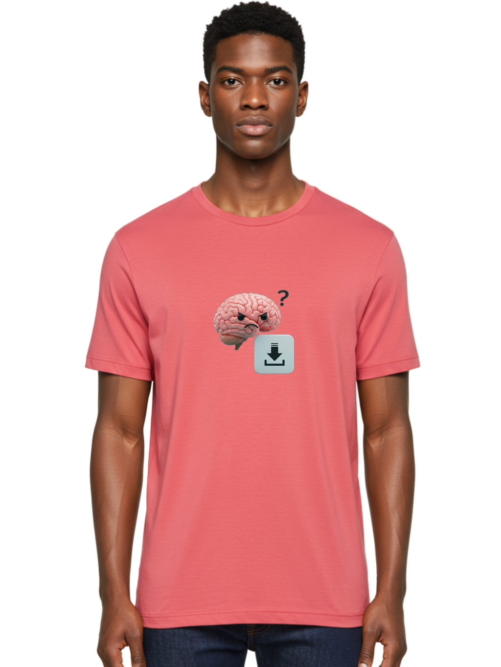 Brain-With-Download-Icon Men'S Graphic Tee, 100% Cotton, Comfortable Casual Summer Wear, Machine Washable, Brain With A Frowning Face, Question Mark, Download Icon, Cognitive Function, Mental Processing, Knowledge Transfer, Digital Brain, Baa213