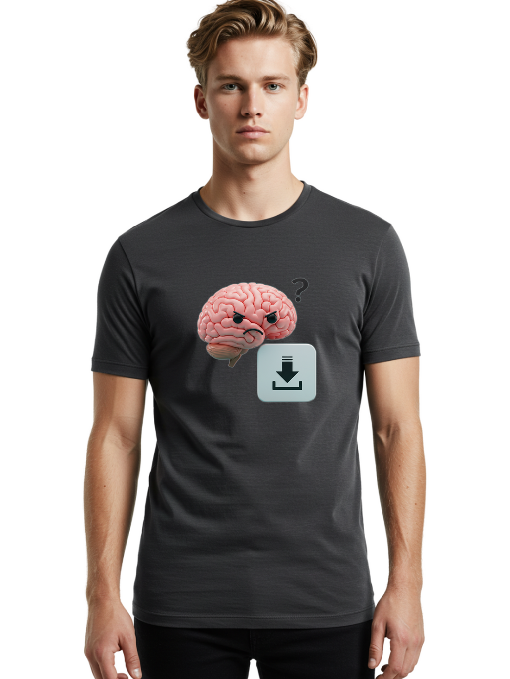 Brain-With-Download-Icon Men'S Graphic Tee, 100% Cotton, Comfortable Casual Summer Wear, Machine Washable, Brain With A Frowning Face, Question Mark, Download Icon, Cognitive Function, Mental Processing, Knowledge Transfer, Digital Brain, Baa213