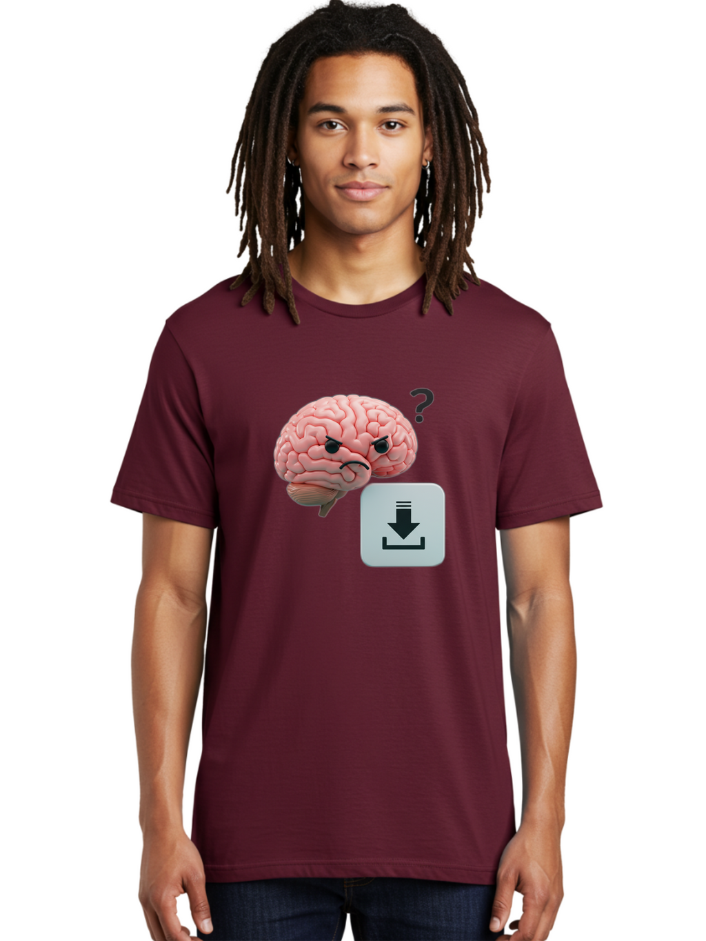 Brain-With-Download-Icon Men'S Graphic Tee, 100% Cotton, Comfortable Casual Summer Wear, Machine Washable, Brain With A Frowning Face, Question Mark, Download Icon, Cognitive Function, Mental Processing, Knowledge Transfer, Digital Brain, Baa213