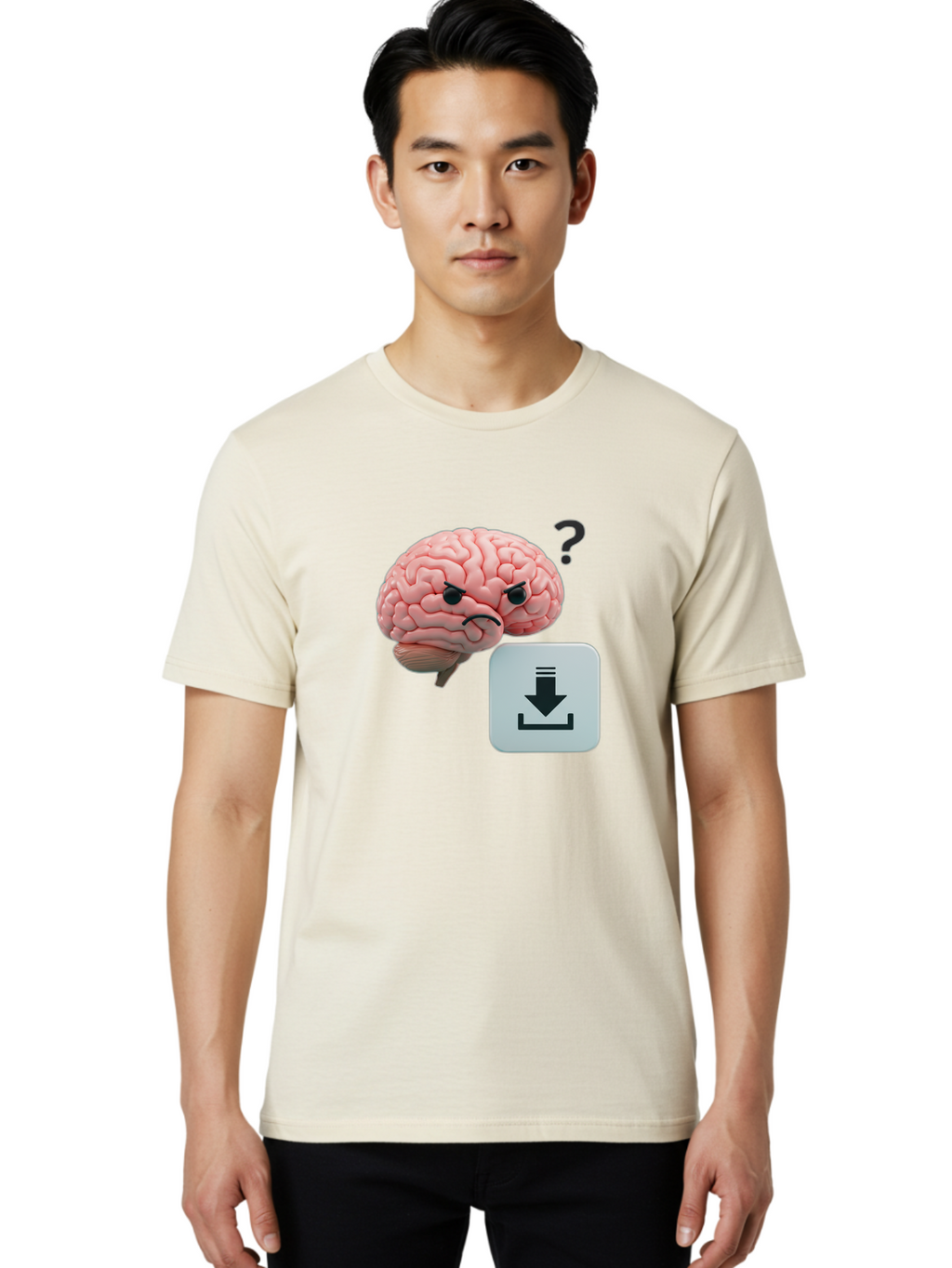 Brain-With-Download-Icon Men'S Graphic Tee, 100% Cotton, Comfortable Casual Summer Wear, Machine Washable, Brain With A Frowning Face, Question Mark, Download Icon, Cognitive Function, Mental Processing, Knowledge Transfer, Digital Brain, Baa213