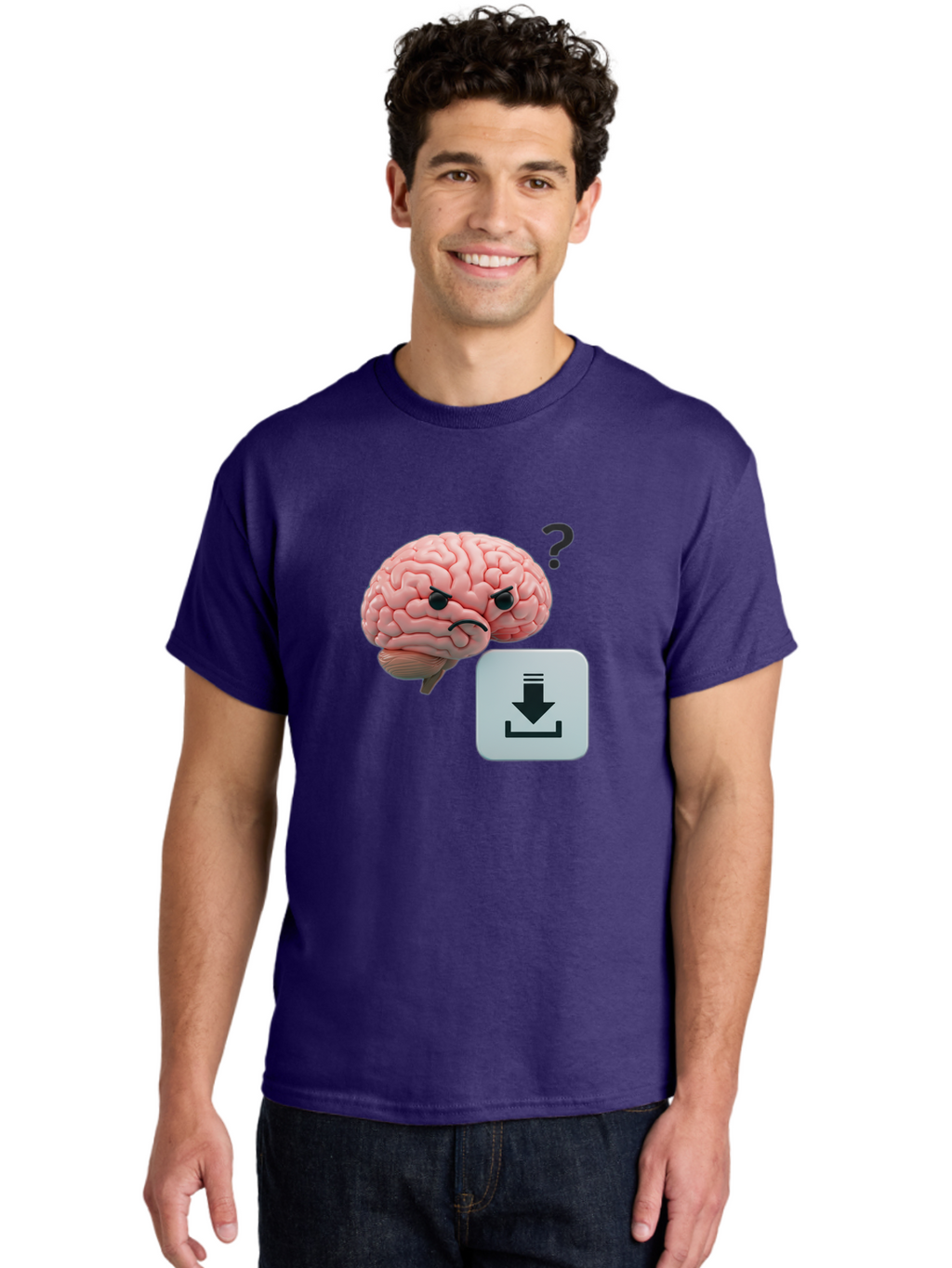 Brain-With-Download-Icon Men'S Graphic Tee, 100% Cotton, Comfortable Casual Summer Wear, Machine Washable, Brain With A Frowning Face, Question Mark, Download Icon, Cognitive Function, Mental Processing, Knowledge Transfer, Digital Brain, Baa213
