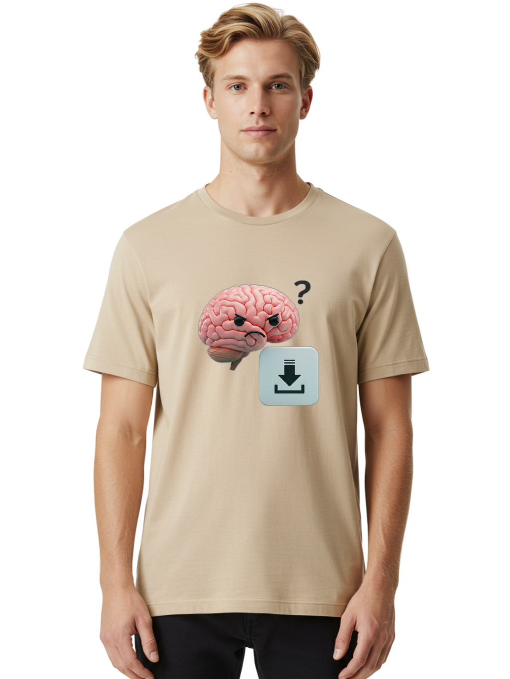 Brain-With-Download-Icon Men'S Graphic Tee, 100% Cotton, Comfortable Casual Summer Wear, Machine Washable, Brain With A Frowning Face, Question Mark, Download Icon, Cognitive Function, Mental Processing, Knowledge Transfer, Digital Brain, Baa213