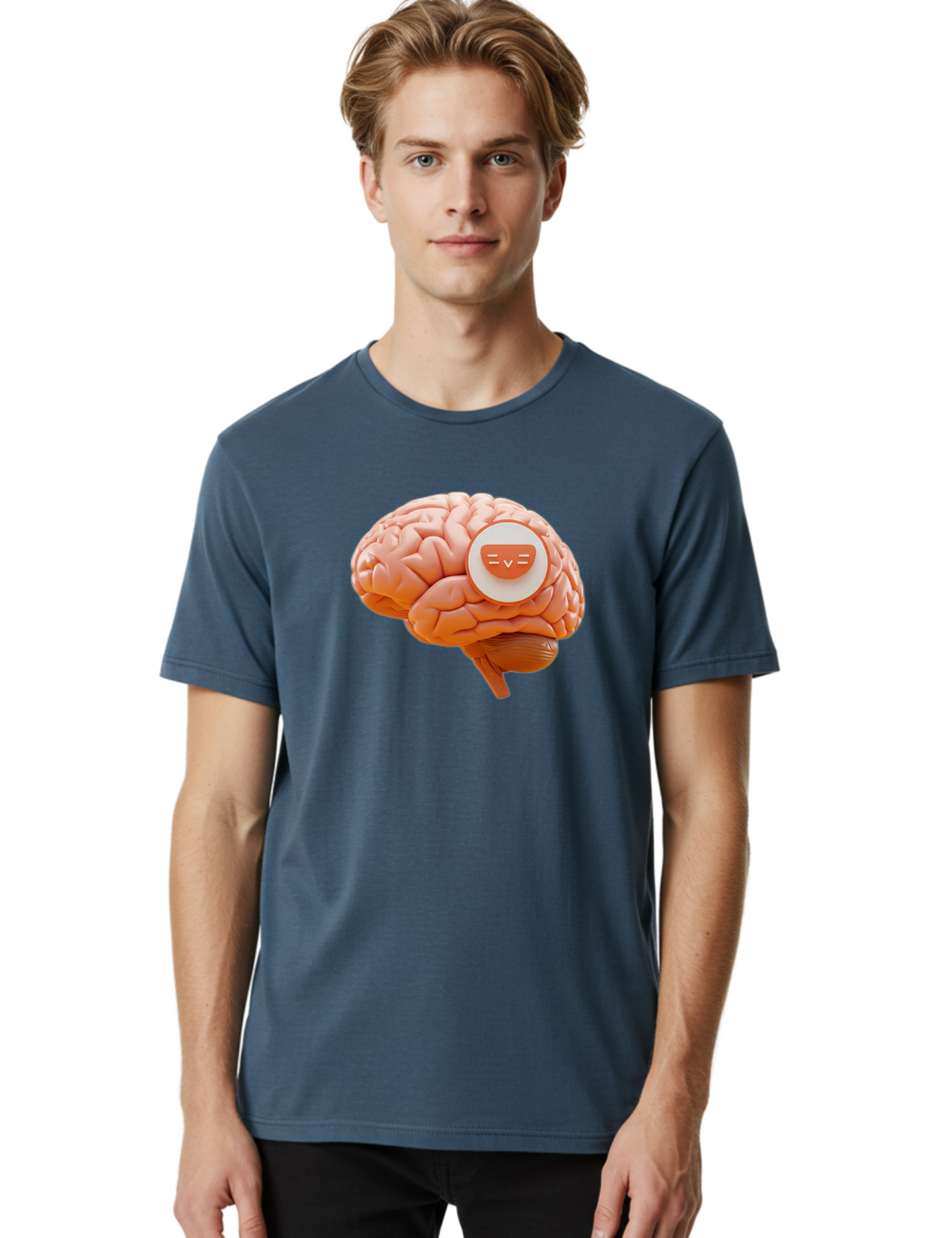 Brain-With-Emoji Men'S Graphic Tee, 100% Cotton, Comfortable Casual Summer Wear, Machine Washable, Human Brain, Smiley Face, Emoticon, Facial Expression, Happiness, 3D Rendering, Digital Art, Creative Design, Brain Illustration, Cute Character Baa214
