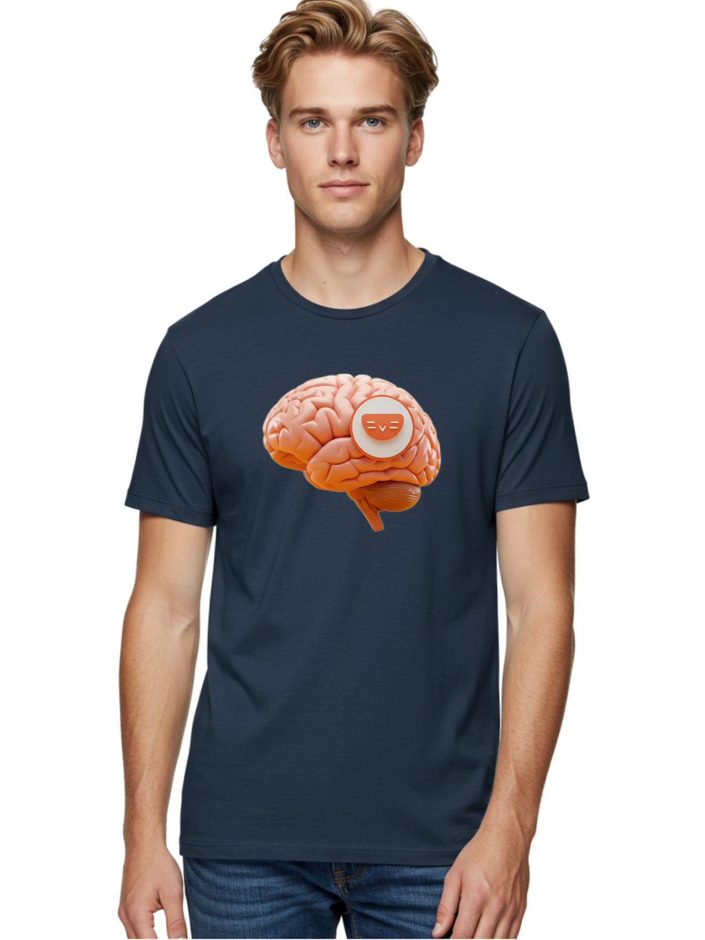 Brain-With-Emoji Men'S Graphic Tee, 100% Cotton, Comfortable Casual Summer Wear, Machine Washable, Human Brain, Smiley Face, Emoticon, Facial Expression, Happiness, 3D Rendering, Digital Art, Creative Design, Brain Illustration, Cute Character Baa214