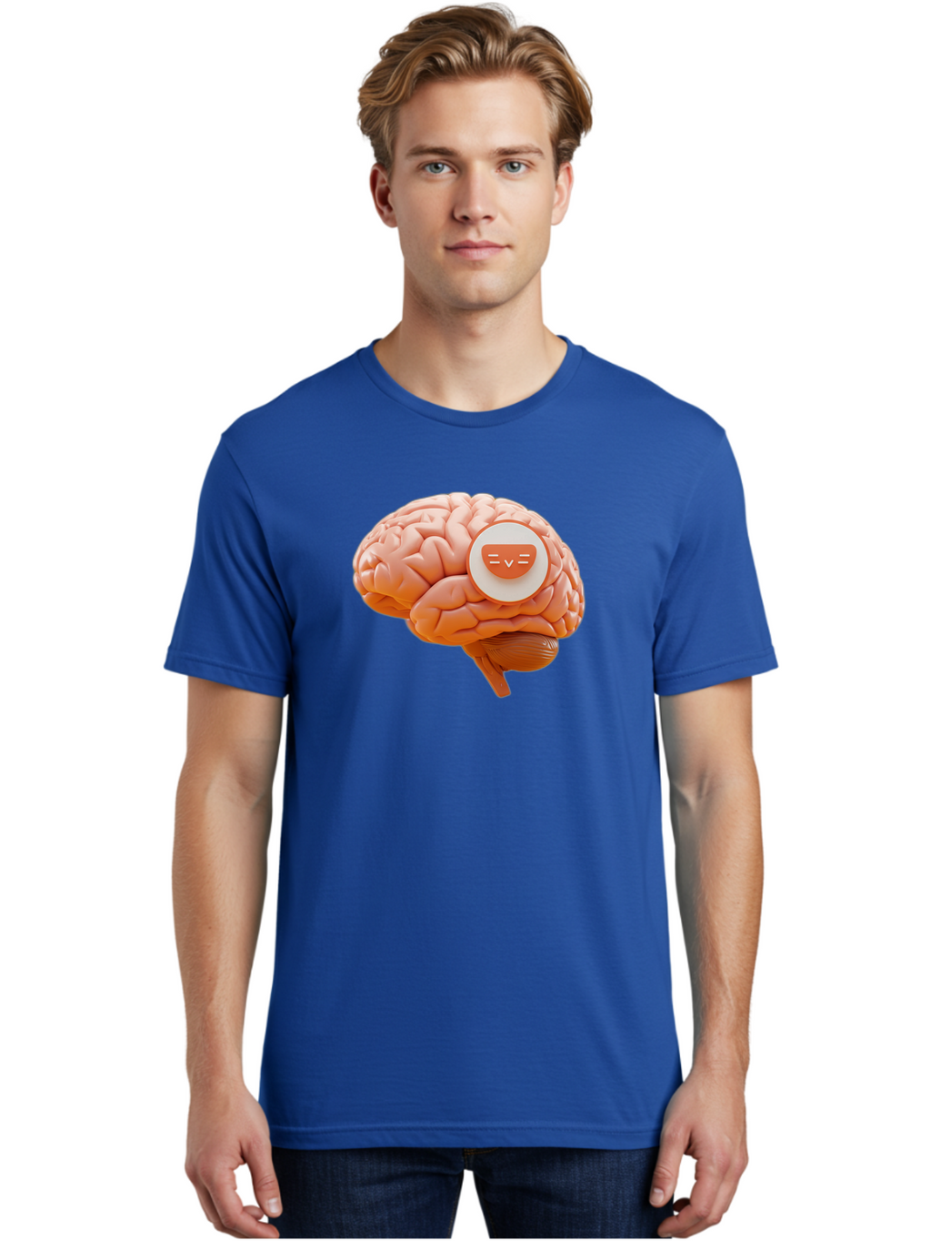 Brain-With-Emoji Men'S Graphic Tee, 100% Cotton, Comfortable Casual Summer Wear, Machine Washable, Human Brain, Smiley Face, Emoticon, Facial Expression, Happiness, 3D Rendering, Digital Art, Creative Design, Brain Illustration, Cute Character Baa214