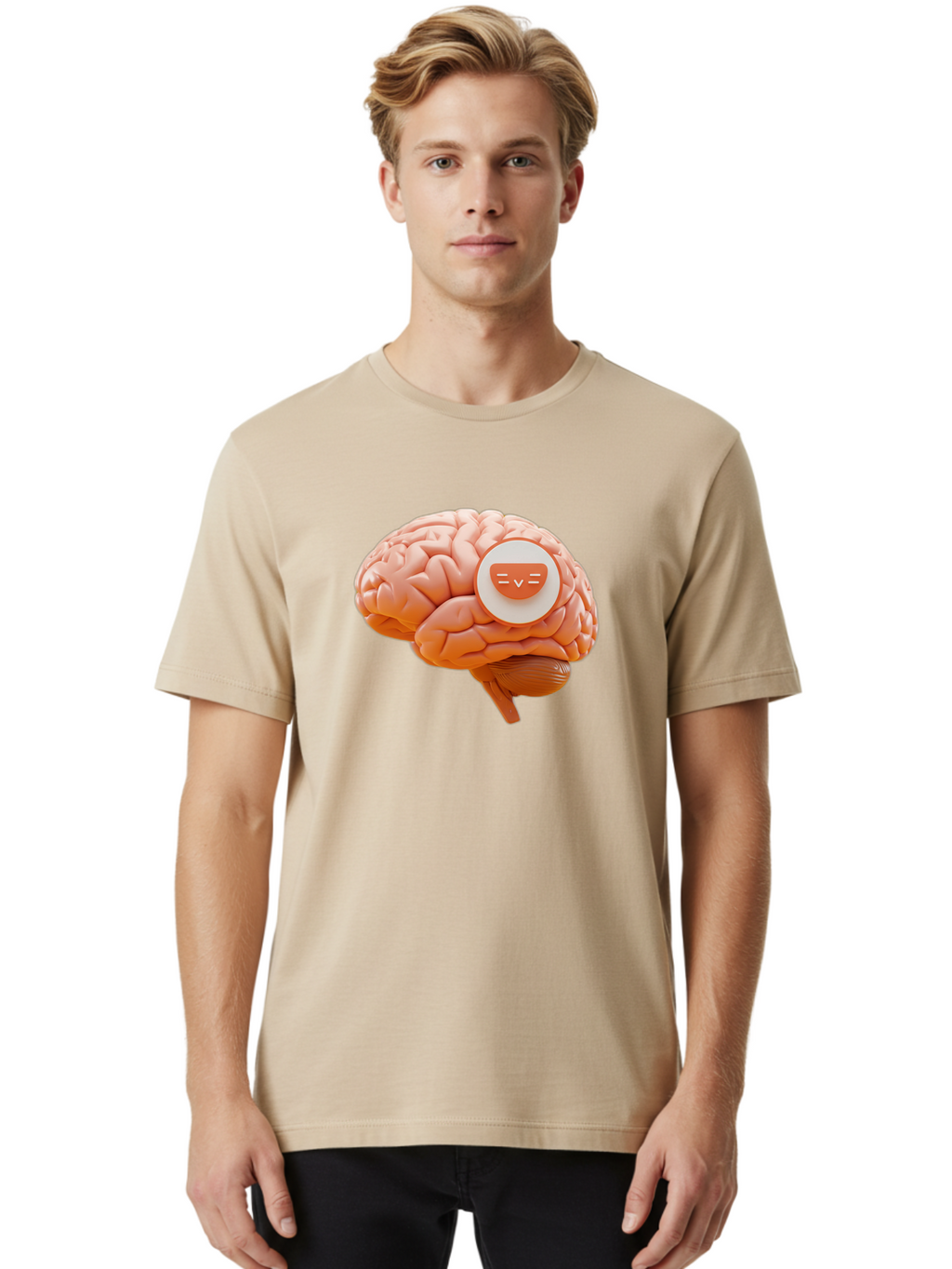 Brain-With-Emoji Men'S Graphic Tee, 100% Cotton, Comfortable Casual Summer Wear, Machine Washable, Human Brain, Smiley Face, Emoticon, Facial Expression, Happiness, 3D Rendering, Digital Art, Creative Design, Brain Illustration, Cute Character Baa214