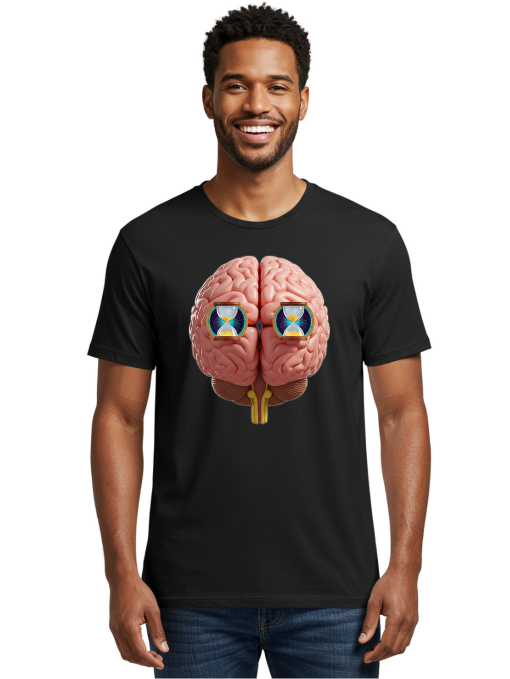 Brain-With-Hourglasses Men'S Graphic Tee, 100% Cotton, Comfortable Casual Summer Wear, Machine Washable, Human Brain Illustration, Hourglasses In Brain, Time Passing, Cognitive Function, Mental Processing, Brain Activity, Neuroscience Concept, Baa216