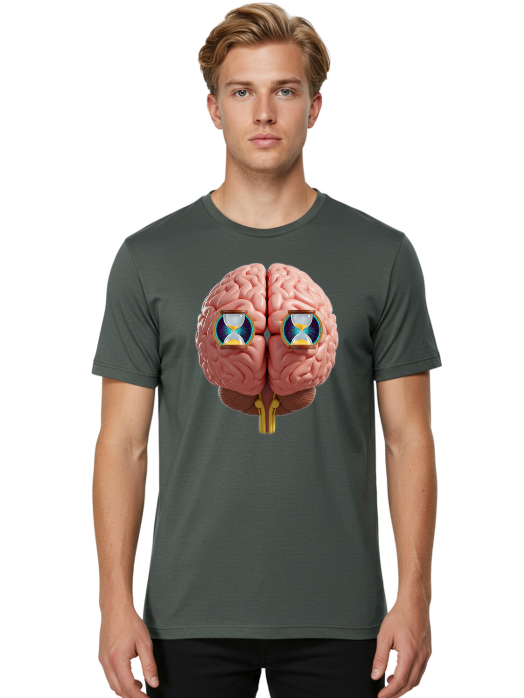 Brain-With-Hourglasses Men'S Graphic Tee, 100% Cotton, Comfortable Casual Summer Wear, Machine Washable, Human Brain Illustration, Hourglasses In Brain, Time Passing, Cognitive Function, Mental Processing, Brain Activity, Neuroscience Concept, Baa216