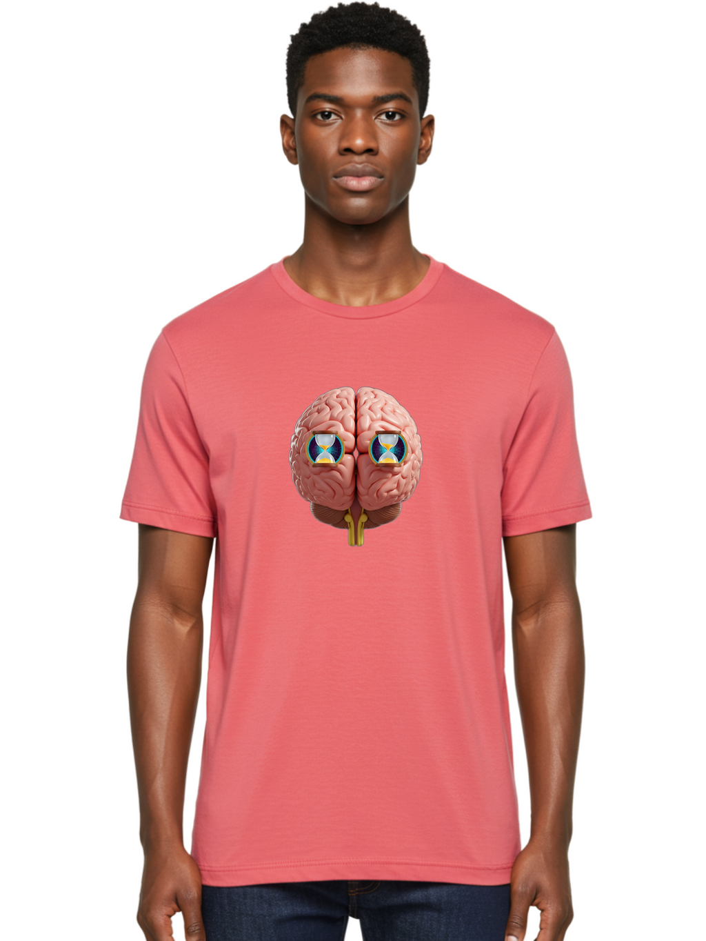 Brain-With-Hourglasses Men'S Graphic Tee, 100% Cotton, Comfortable Casual Summer Wear, Machine Washable, Human Brain Illustration, Hourglasses In Brain, Time Passing, Cognitive Function, Mental Processing, Brain Activity, Neuroscience Concept, Baa216