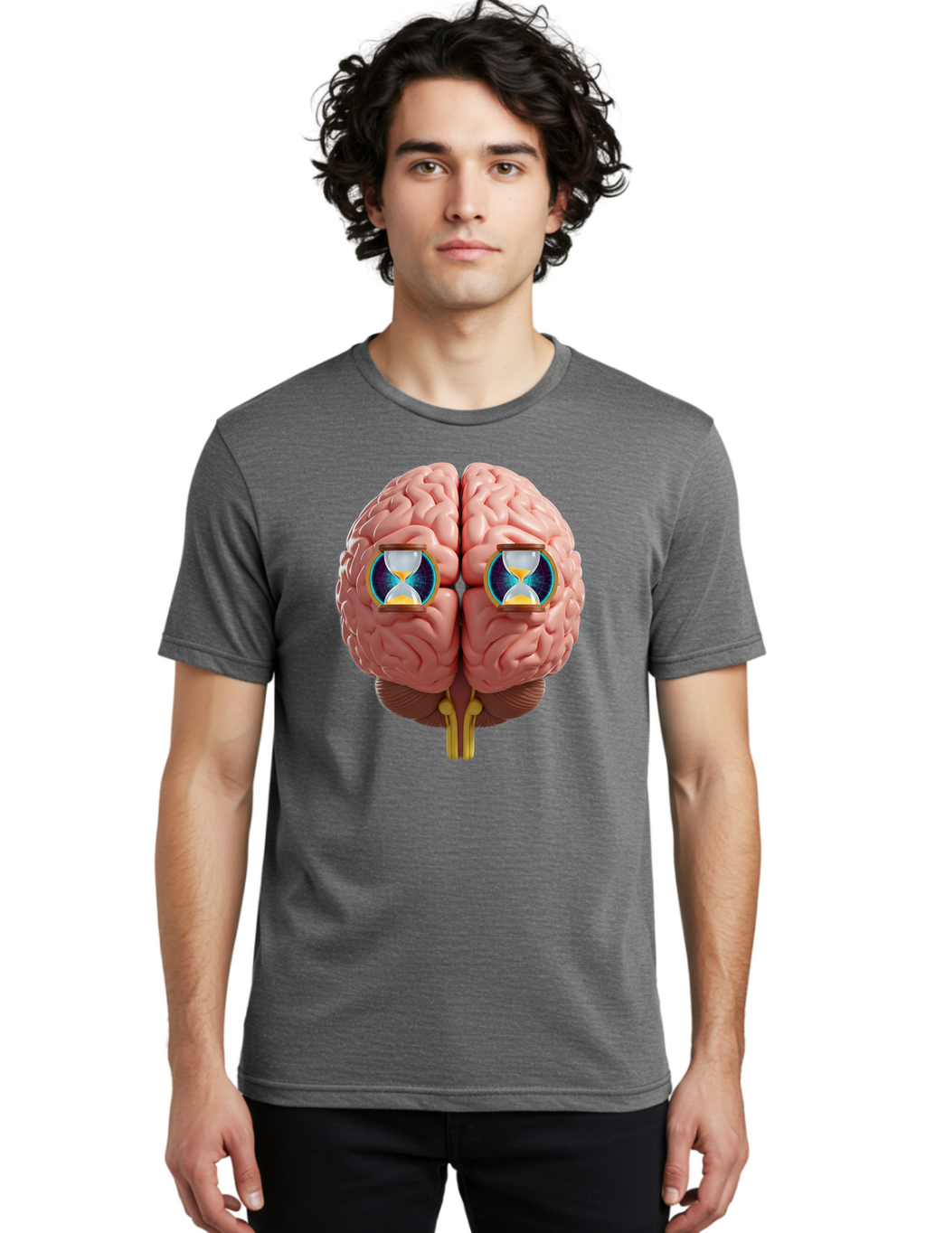 Brain-With-Hourglasses Men'S Graphic Tee, 100% Cotton, Comfortable Casual Summer Wear, Machine Washable, Human Brain Illustration, Hourglasses In Brain, Time Passing, Cognitive Function, Mental Processing, Brain Activity, Neuroscience Concept, Baa216