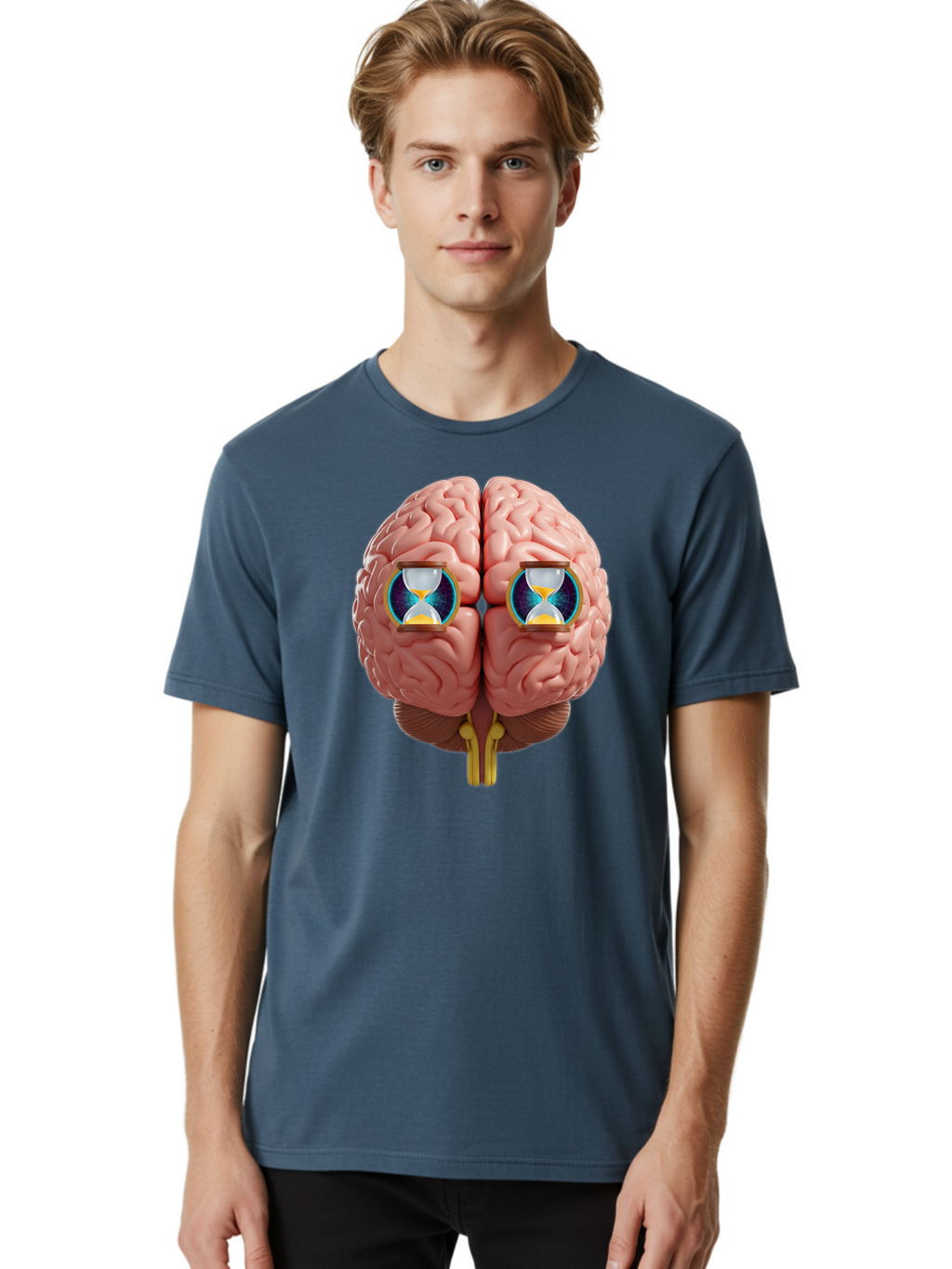 Brain-With-Hourglasses Men'S Graphic Tee, 100% Cotton, Comfortable Casual Summer Wear, Machine Washable, Human Brain Illustration, Hourglasses In Brain, Time Passing, Cognitive Function, Mental Processing, Brain Activity, Neuroscience Concept, Baa216