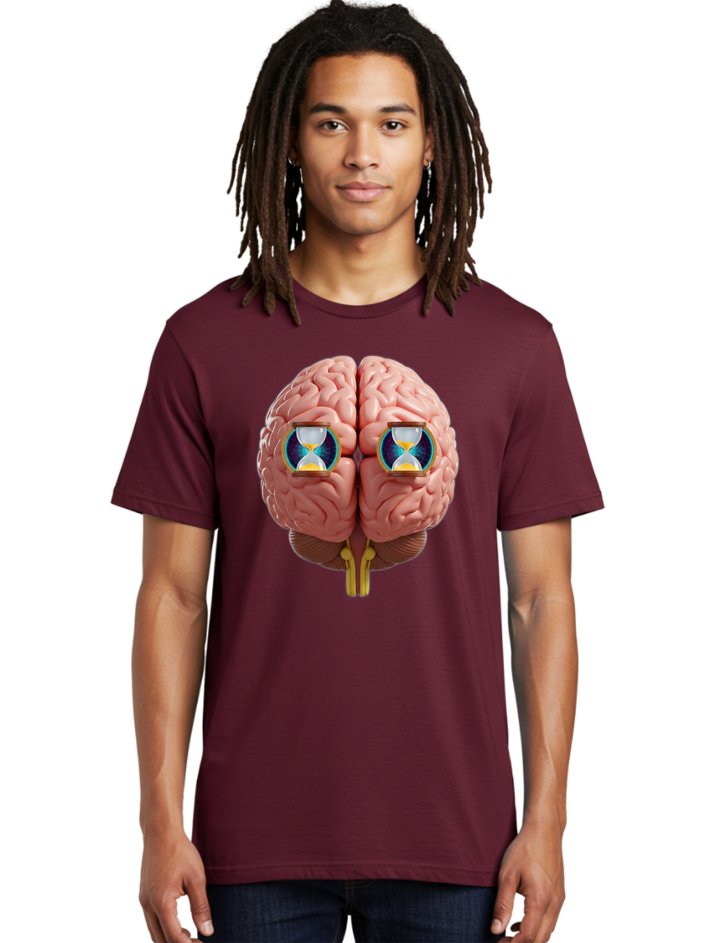 Brain-With-Hourglasses Men'S Graphic Tee, 100% Cotton, Comfortable Casual Summer Wear, Machine Washable, Human Brain Illustration, Hourglasses In Brain, Time Passing, Cognitive Function, Mental Processing, Brain Activity, Neuroscience Concept, Baa216