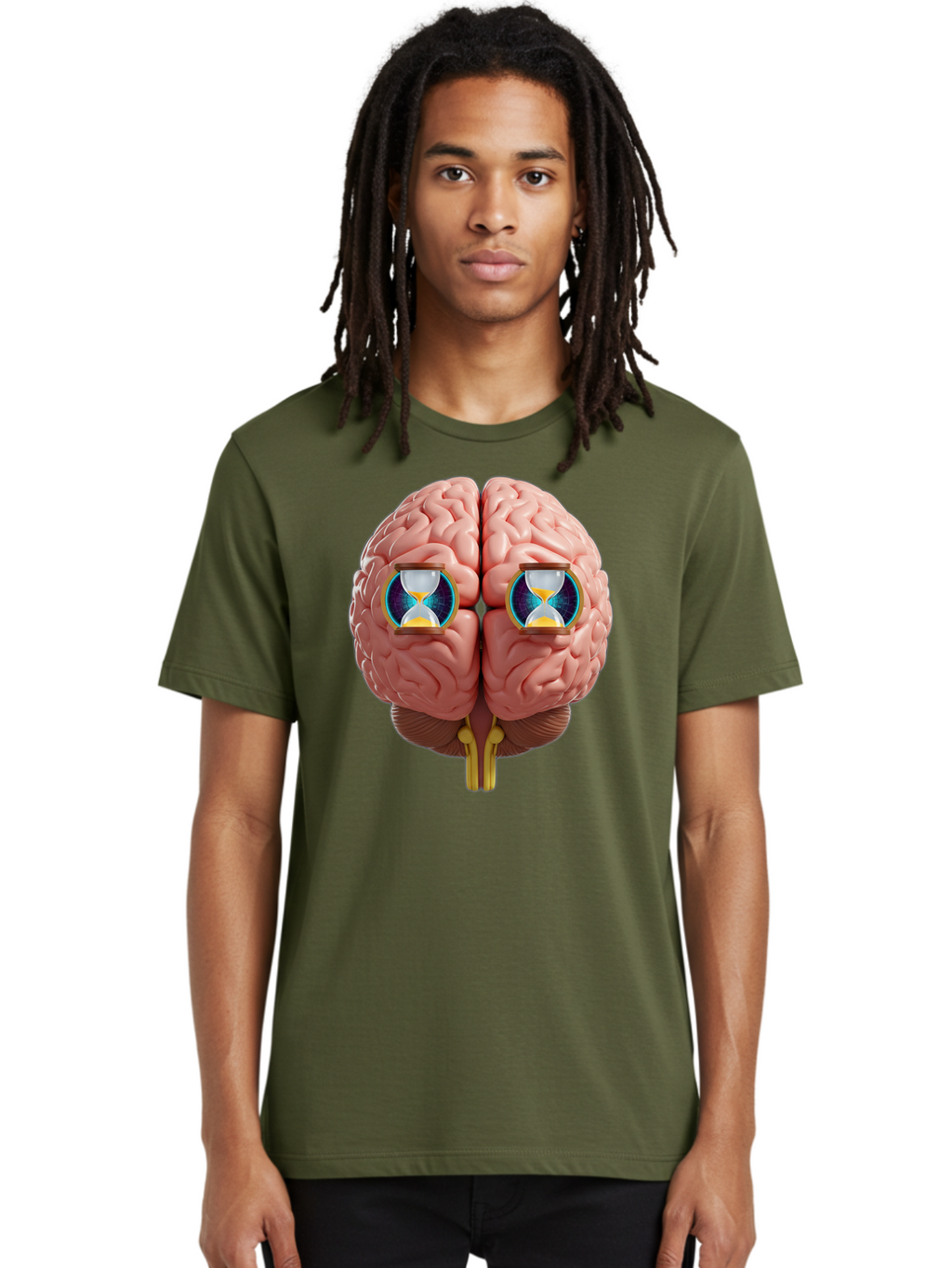 Brain-With-Hourglasses Men'S Graphic Tee, 100% Cotton, Comfortable Casual Summer Wear, Machine Washable, Human Brain Illustration, Hourglasses In Brain, Time Passing, Cognitive Function, Mental Processing, Brain Activity, Neuroscience Concept, Baa216