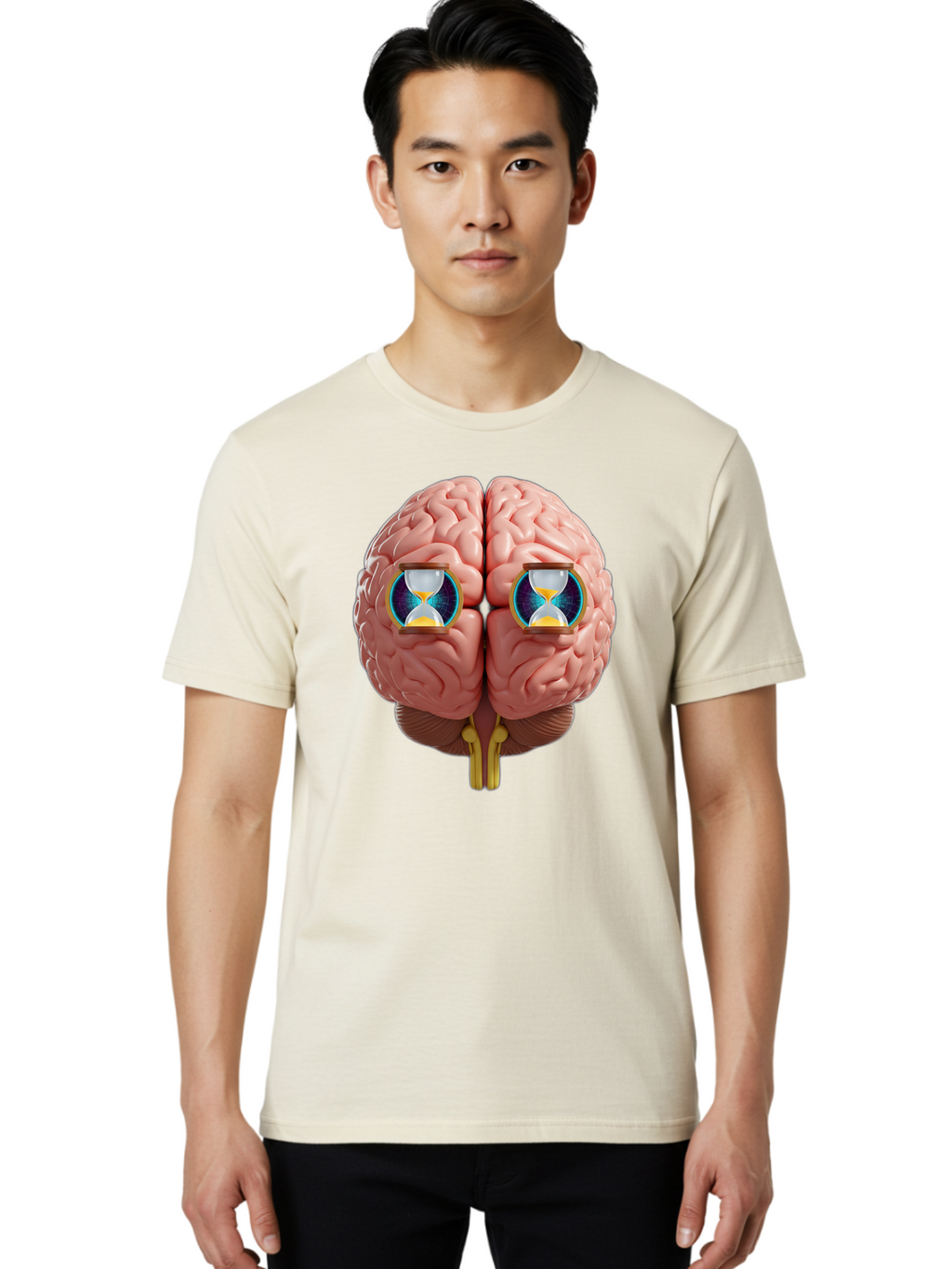 Brain-With-Hourglasses Men'S Graphic Tee, 100% Cotton, Comfortable Casual Summer Wear, Machine Washable, Human Brain Illustration, Hourglasses In Brain, Time Passing, Cognitive Function, Mental Processing, Brain Activity, Neuroscience Concept, Baa216