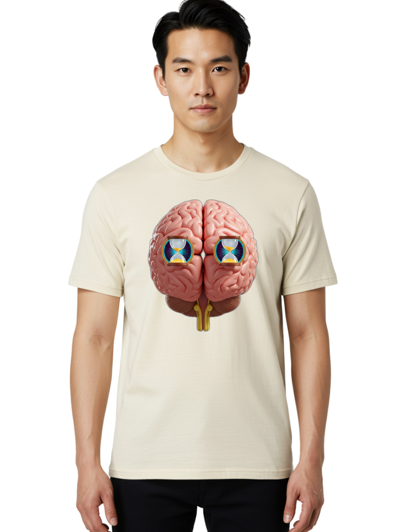 Brain-With-Hourglasses Men'S Graphic Tee, 100% Cotton, Comfortable Casual Summer Wear, Machine Washable, Human Brain Illustration, Hourglasses In Brain, Time Passing, Cognitive Function, Mental Processing, Brain Activity, Neuroscience Concept, Baa216